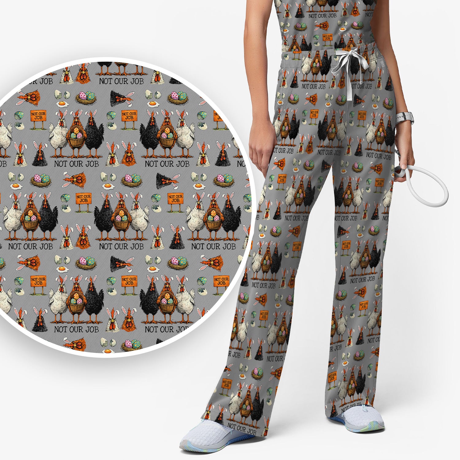 Funny Easter Chicken Humor Pattern Scrub Set, Scrub Pants and V Neck Top