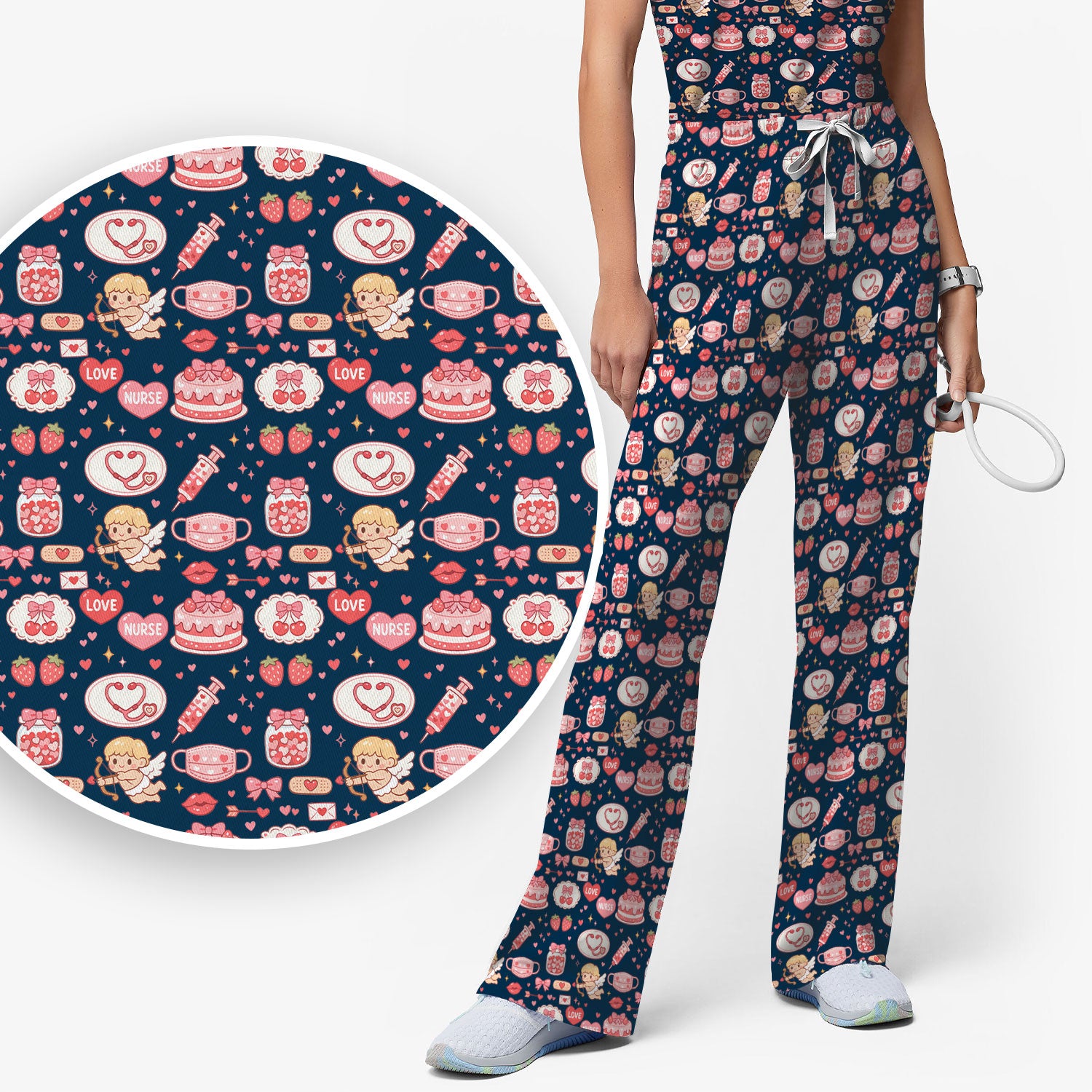 Cupid Nurse Scrub Set, Cute Love Medical Pattern Shirt For Valentine, Breathable Fabrics Nursing Uniform