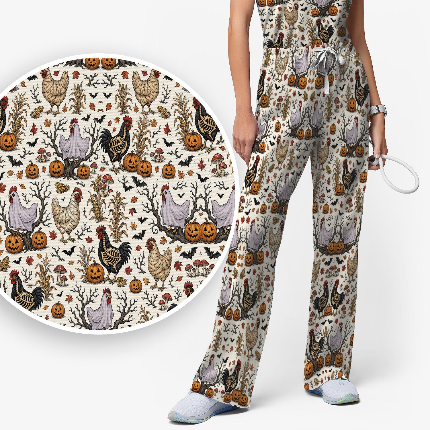 Halloween Skeleton Chickens Pattern Scrub Set, Scrub Pants and V Neck Top