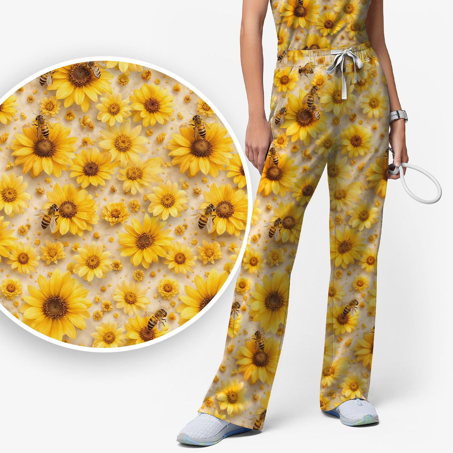 Yellow Sunflower Bee Garden Bloom Pattern Scrub Set, Scrub Pants and V Neck Top