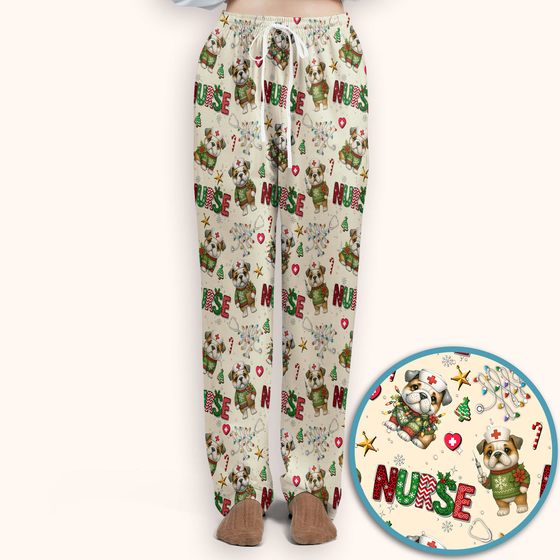 Bulldog Christmas Nurse Scrub Set - Funny Dog Scrubs Pants and V Neck Top - Cute Holiday Medical Uniform