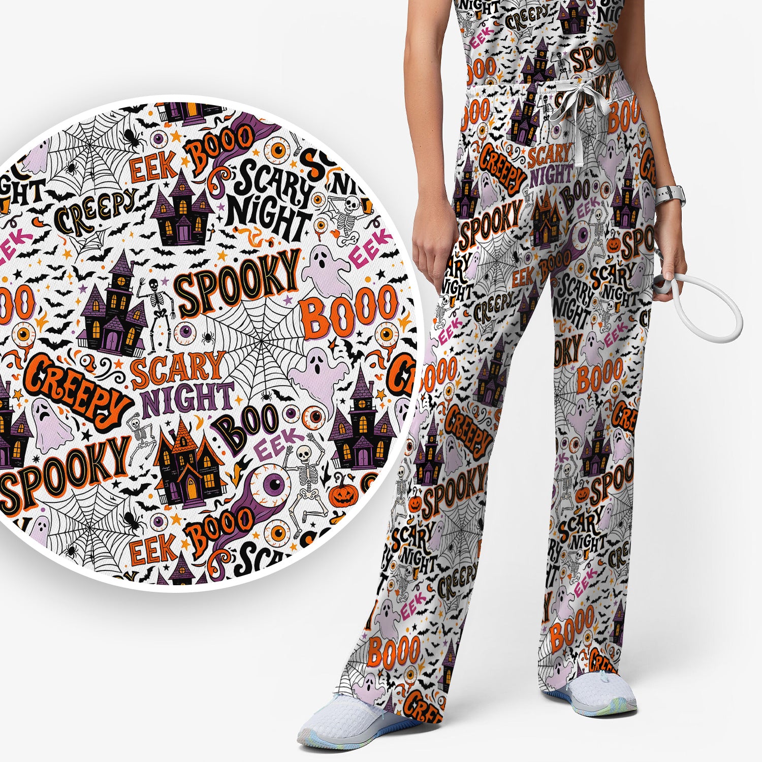 Spooky Halloween Haunted House Typography Scrub Set, Scrub Pants and V Neck Top