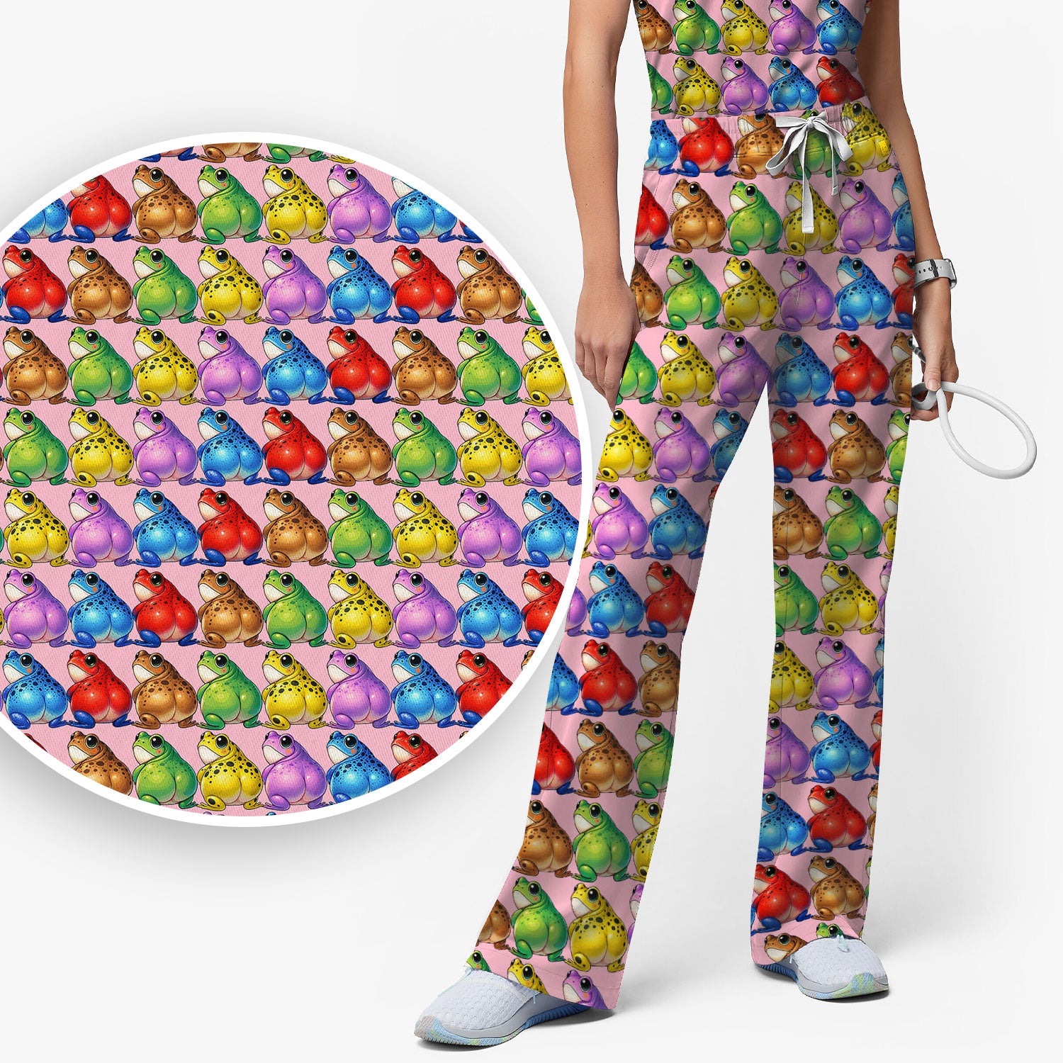 Funny Colorful Frogs Pattern Scrubs Sets, Scrub Pants and V Neck Top