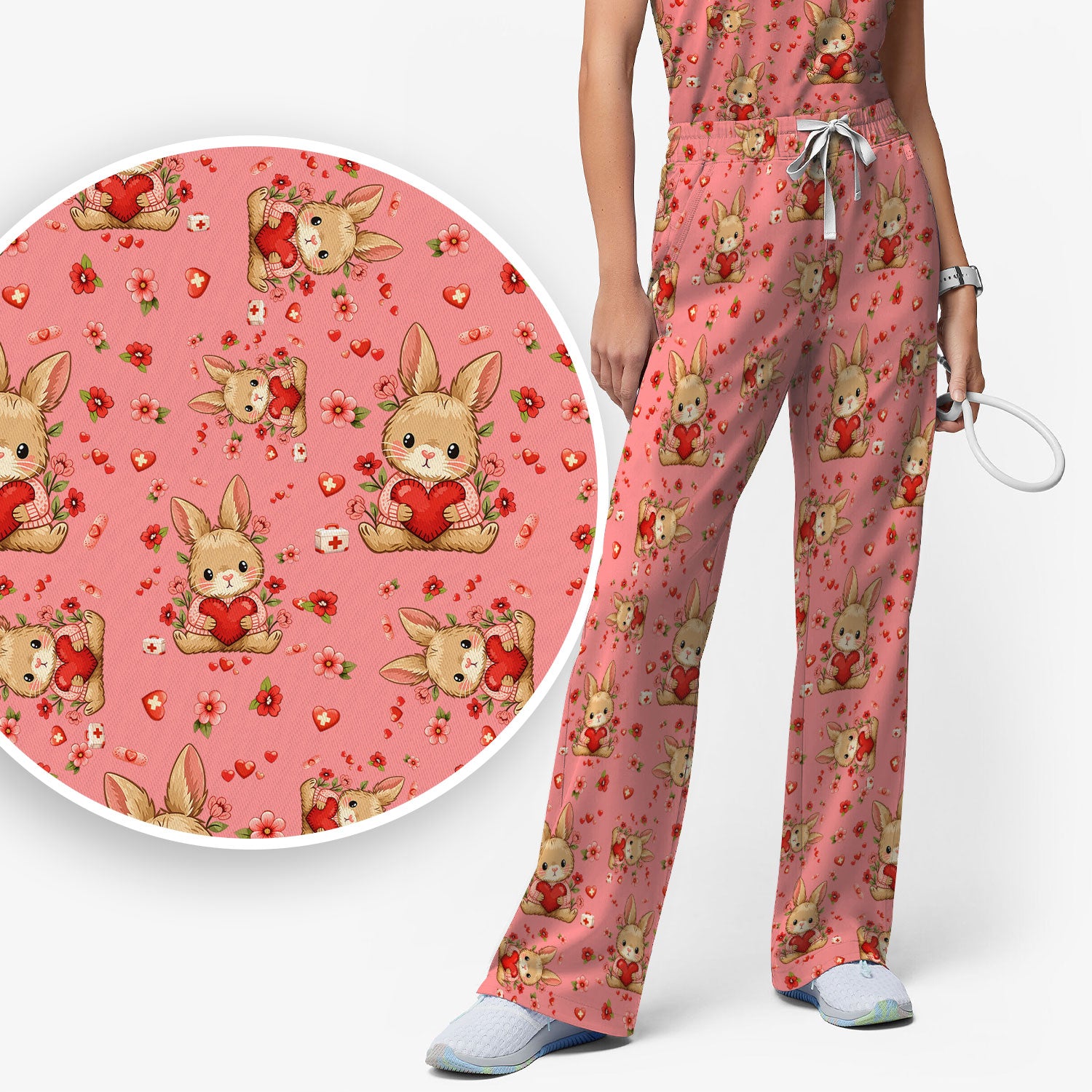 Adorable Bunny Heart Healthcare Design Scrub, Breathable Med Uniform