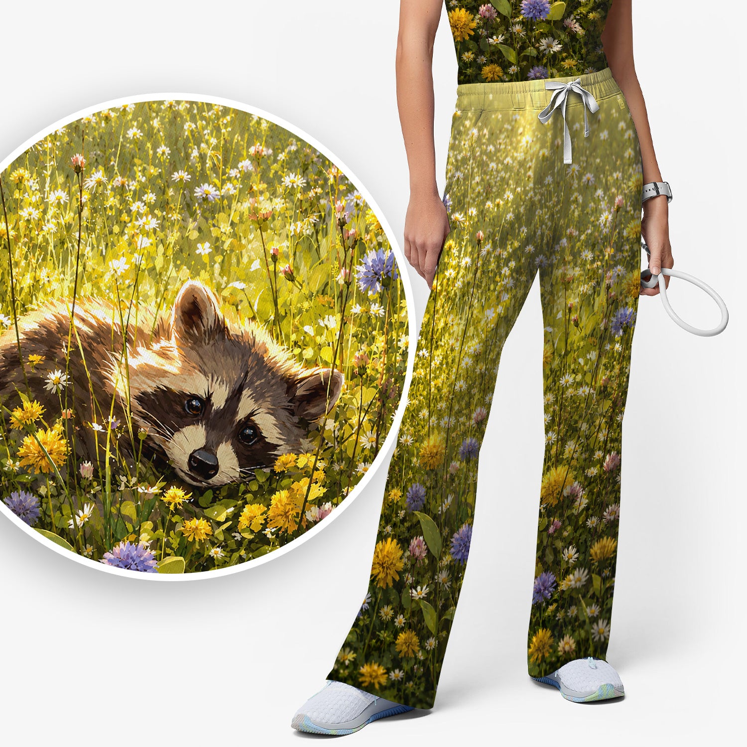 Meadow Raccoon Wildflower Garden Pattern Scrub Set, Scrub Pants and V Neck Top