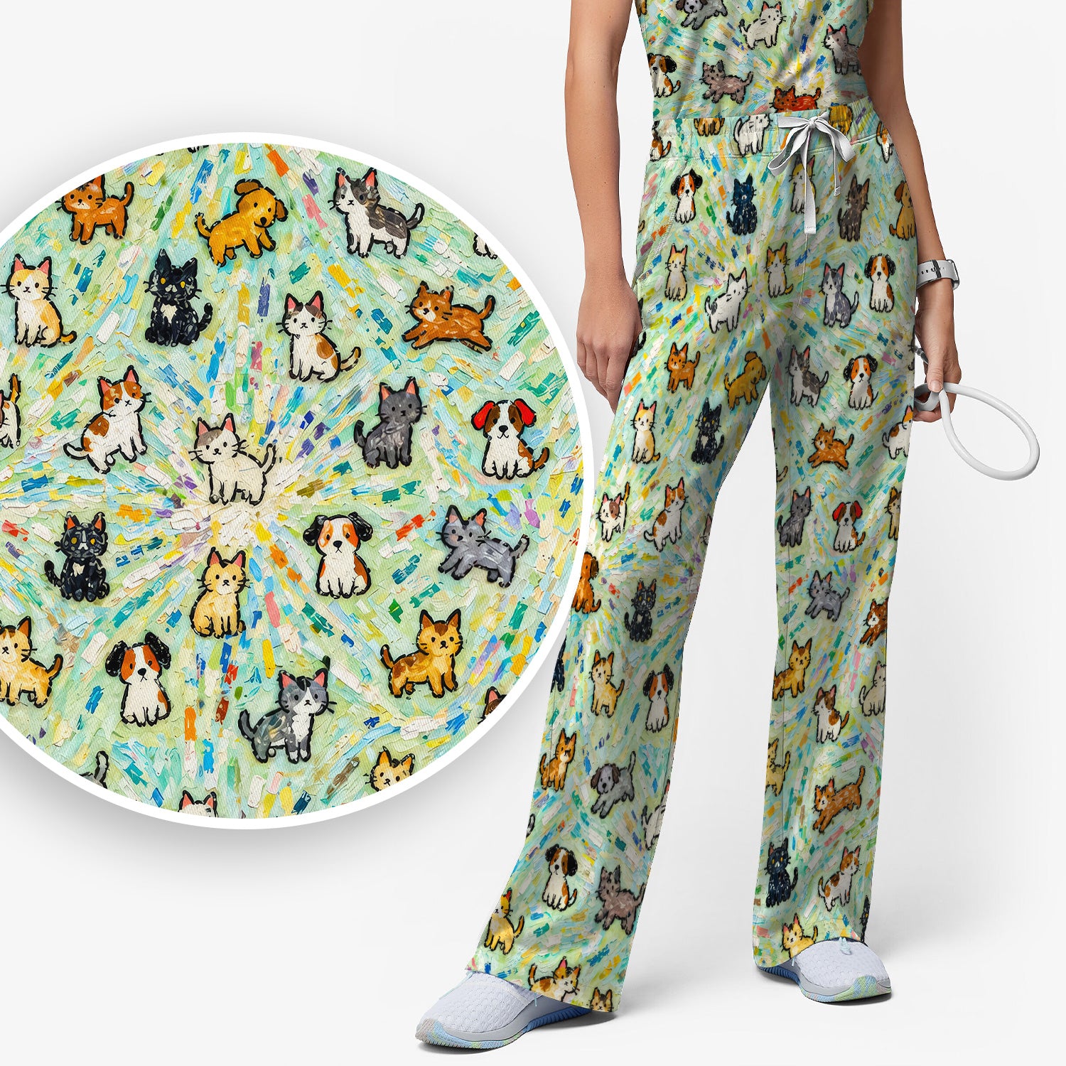 Colorful Cats Dogs Doodle Pattern Scrub Set, Scrub Pants and V Neck Top
