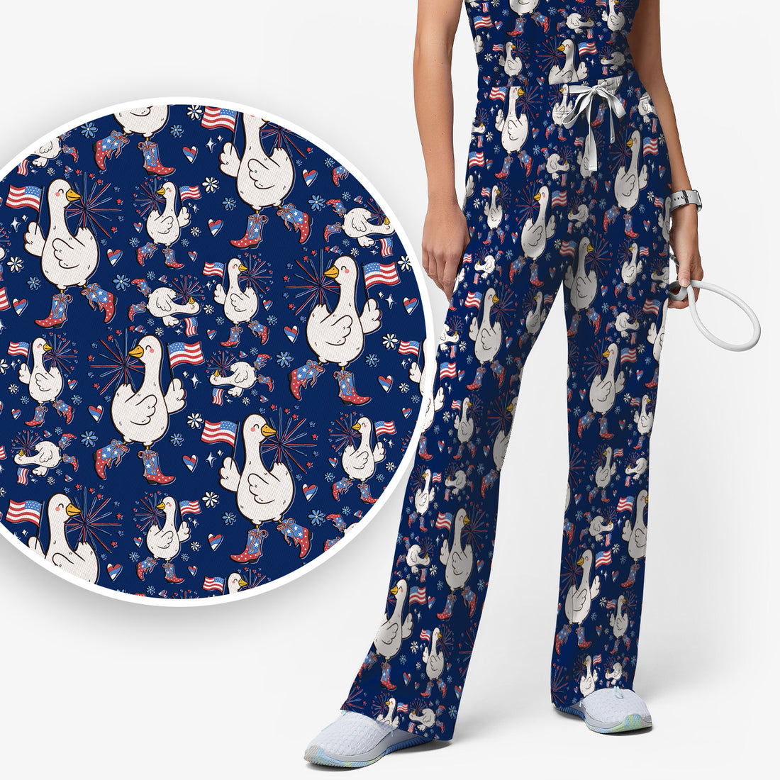 Patriotic Goose With USA Flag Fireworks Scrub Set, Breathable Fabrics Nursing Uniform