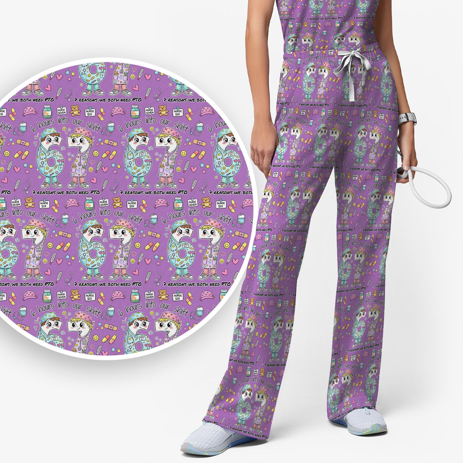 Cartoon Characters Six Hours Into Shift With Medical Doodle Scrub Set, Breathable Med Uniform