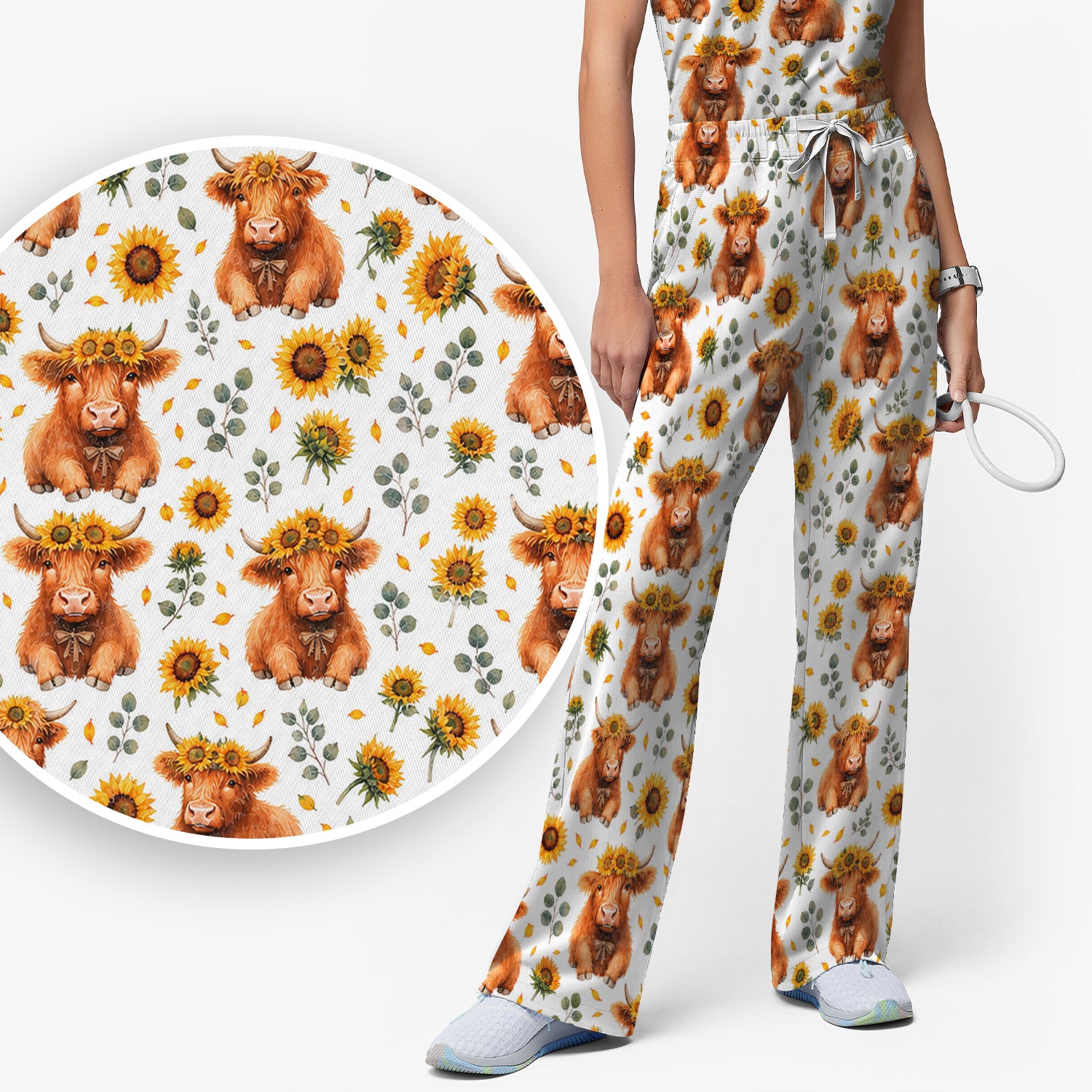 Rustic Highland Cow Floral Pattern Scrub Set, Scrub Pants and V Neck Top