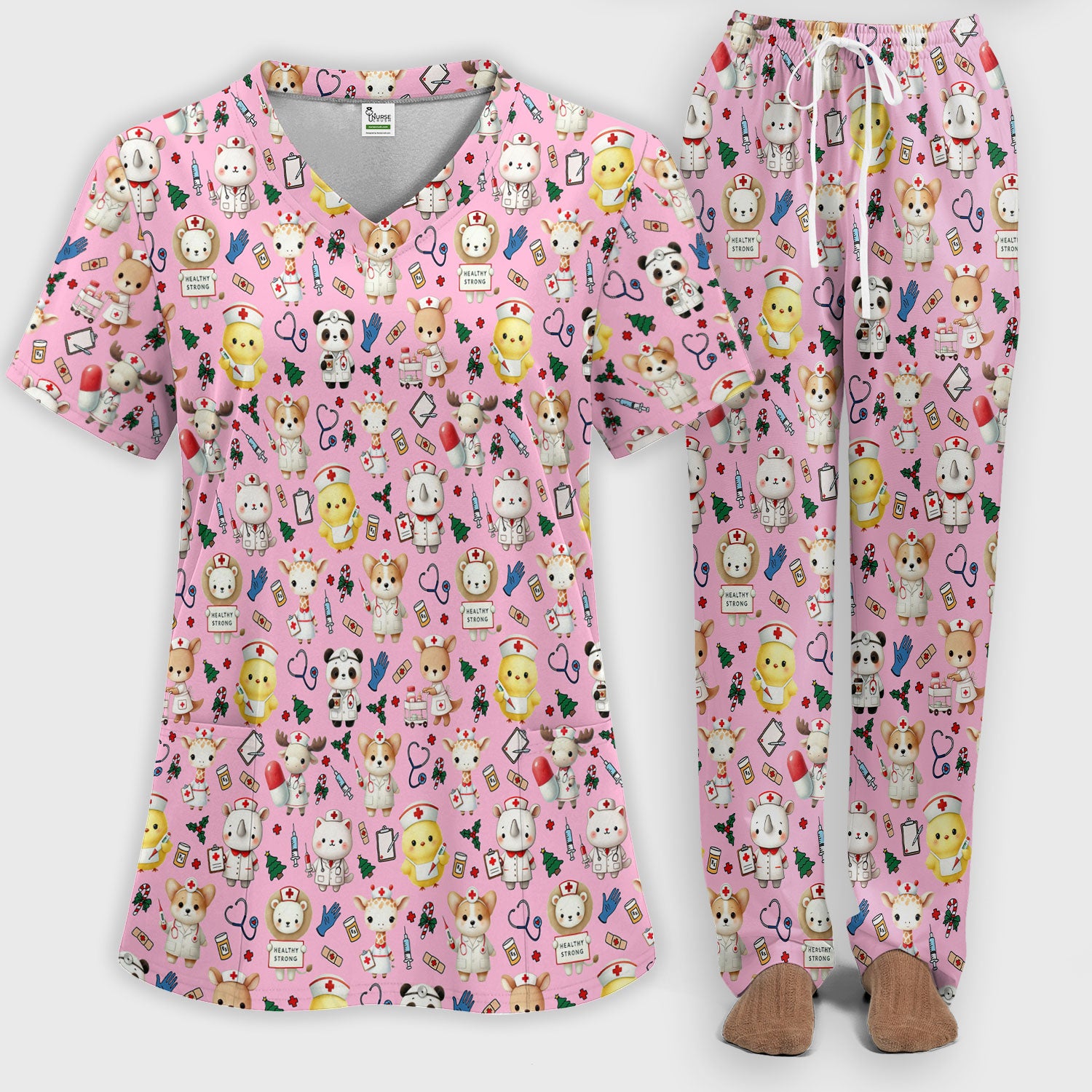 Comfortable Scrubs for Nurses - Women's Scrub Sets - Blue Scrub Pants and V Neck Top - Puppy Print Nursing Uniform