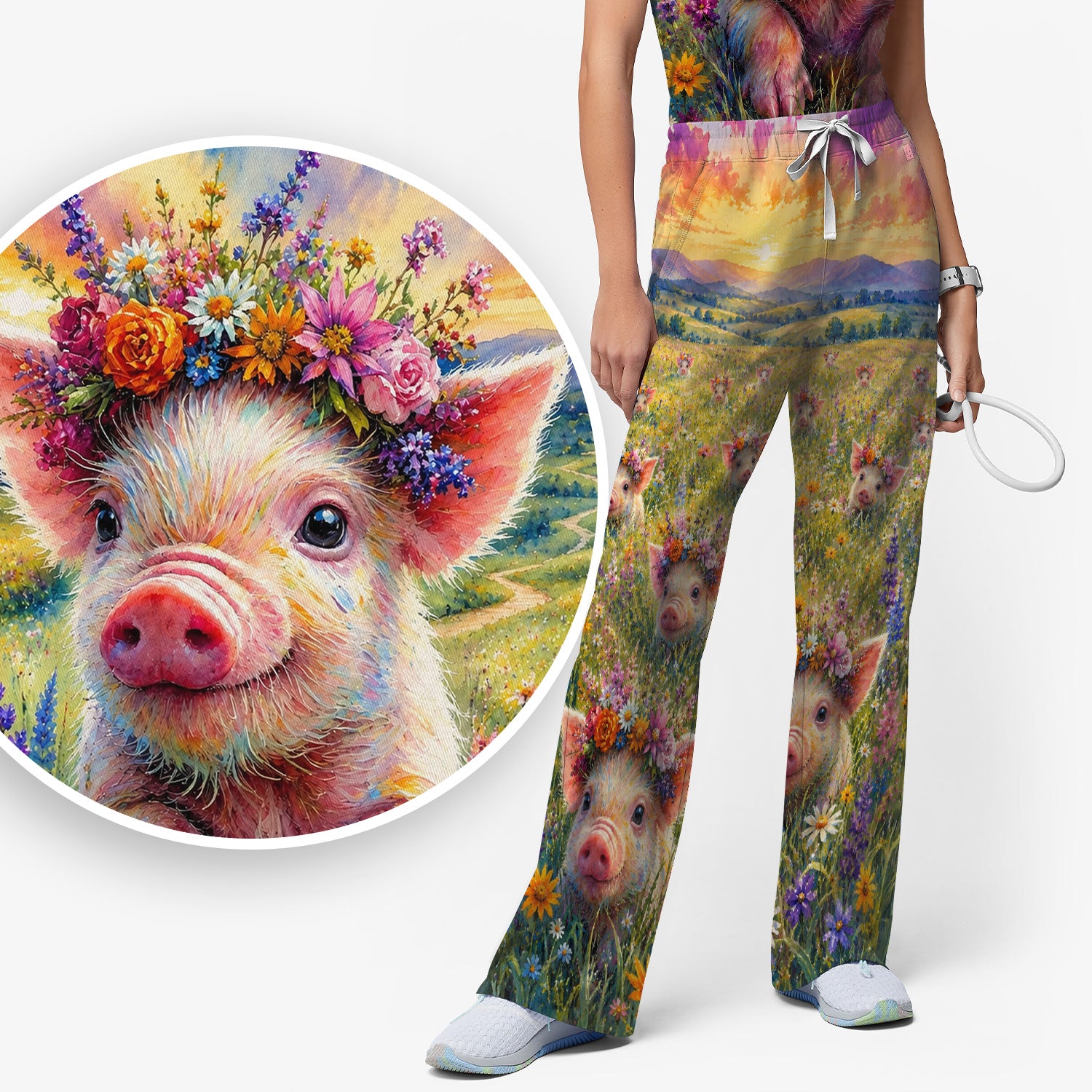 Cute Floral Piglet Pediatric Pattern Scrub Set, Scrub Pants and V Neck Top