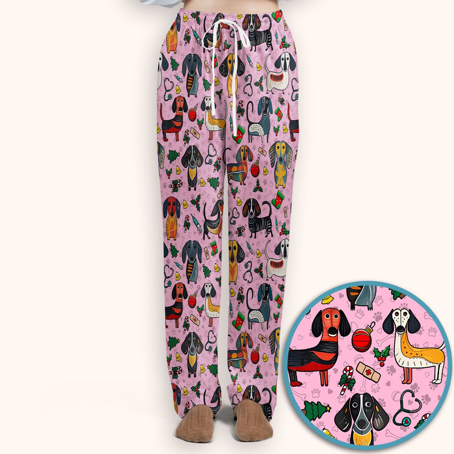 Christmas Wiener Dog Scrub Set - Funny Sausage Dog Pants and V Neck Top - Holiday Medical Uniform