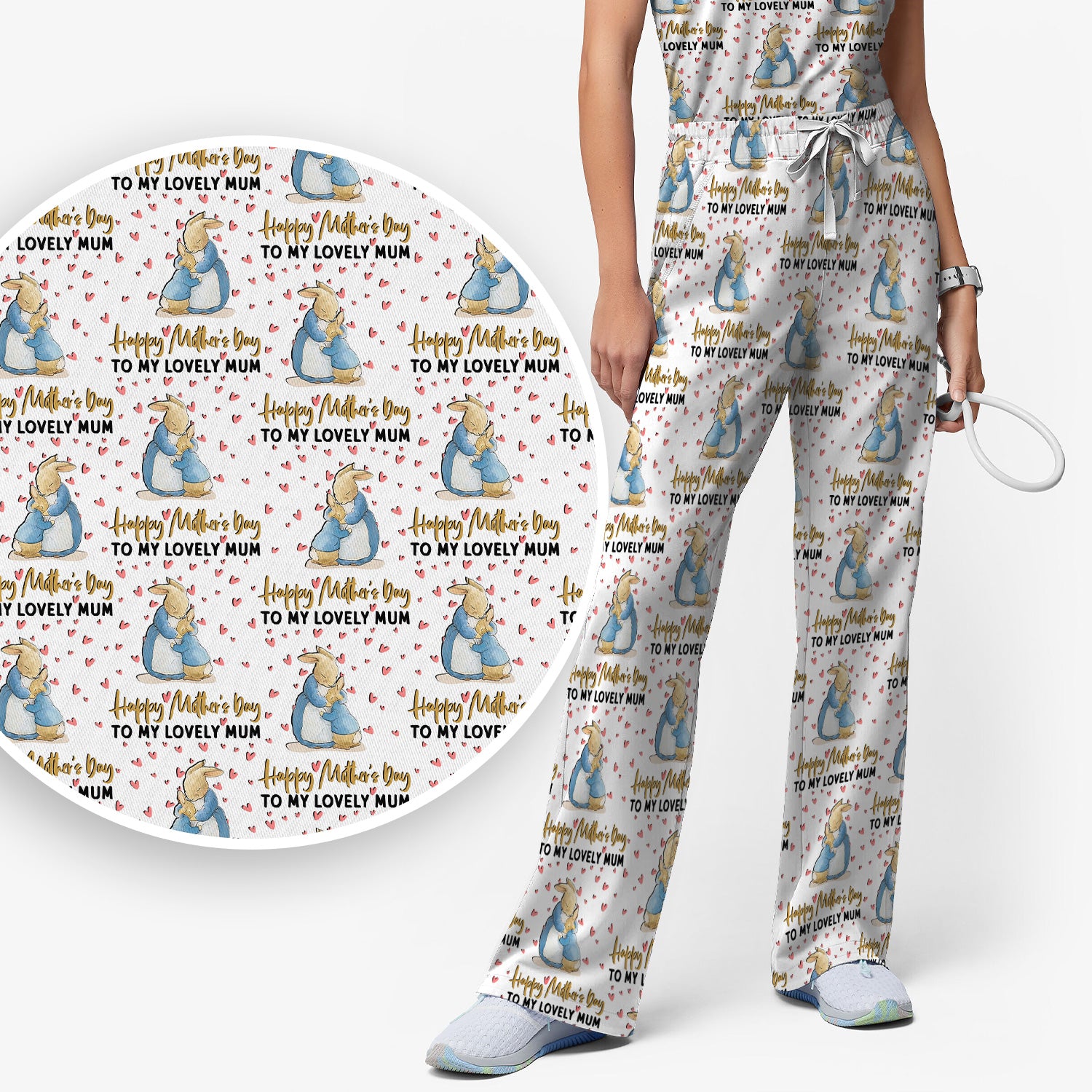 Happy Mothers Day Bunny Love Pattern Scrub Sets, Scrub Pants and V Neck Top