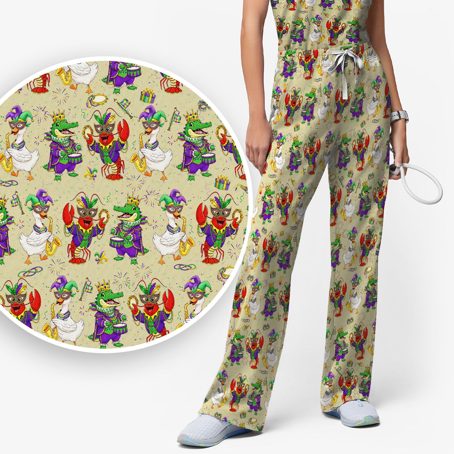 Crawfish And Duck Carnival Scrub Set, Mardi Gras Parade Pattern Nurse Shirt, Breathable Fabrics Nursing Uniform