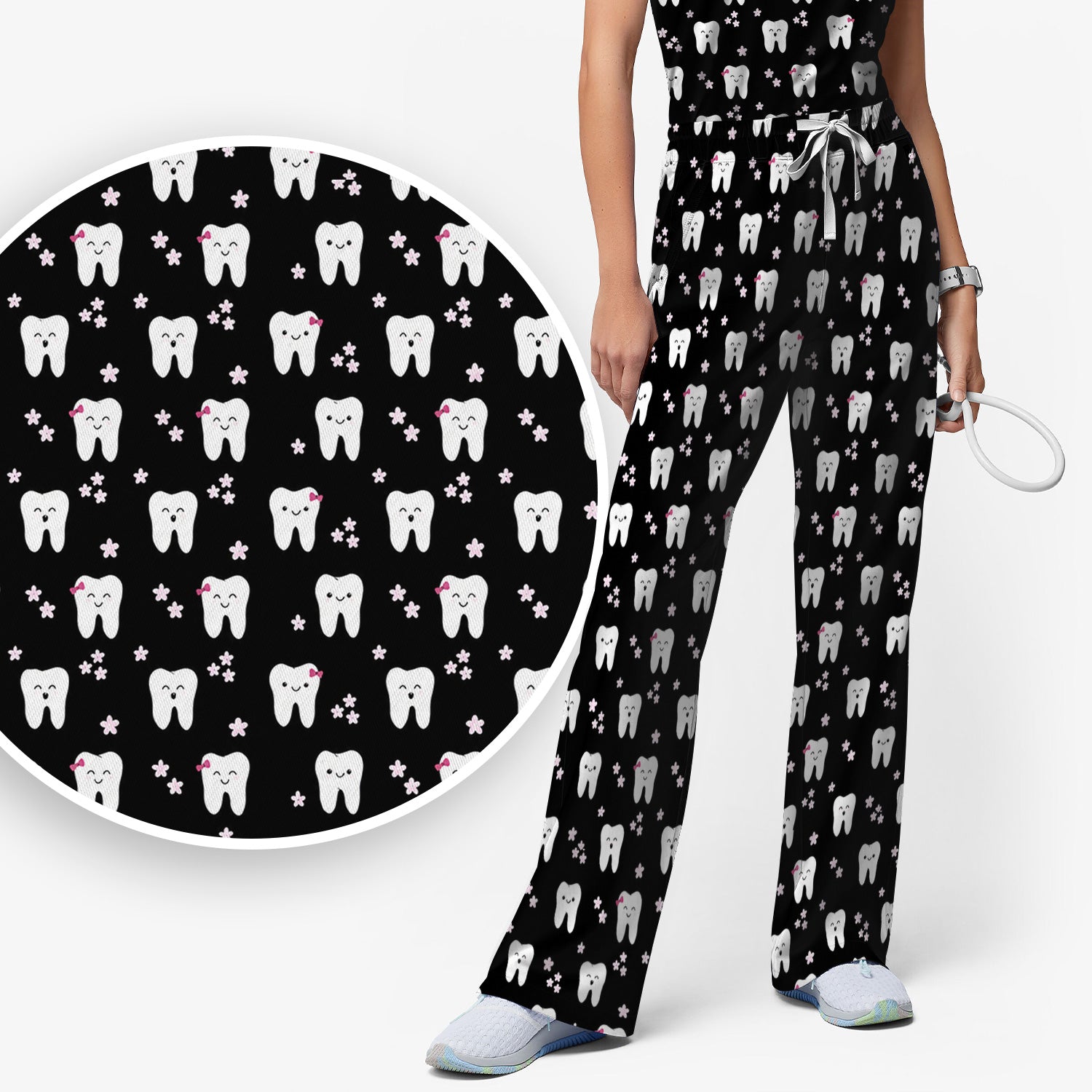 Cute Smiling Tooth And Flowers Scrub Set, Scrub Pants and V Neck Top
