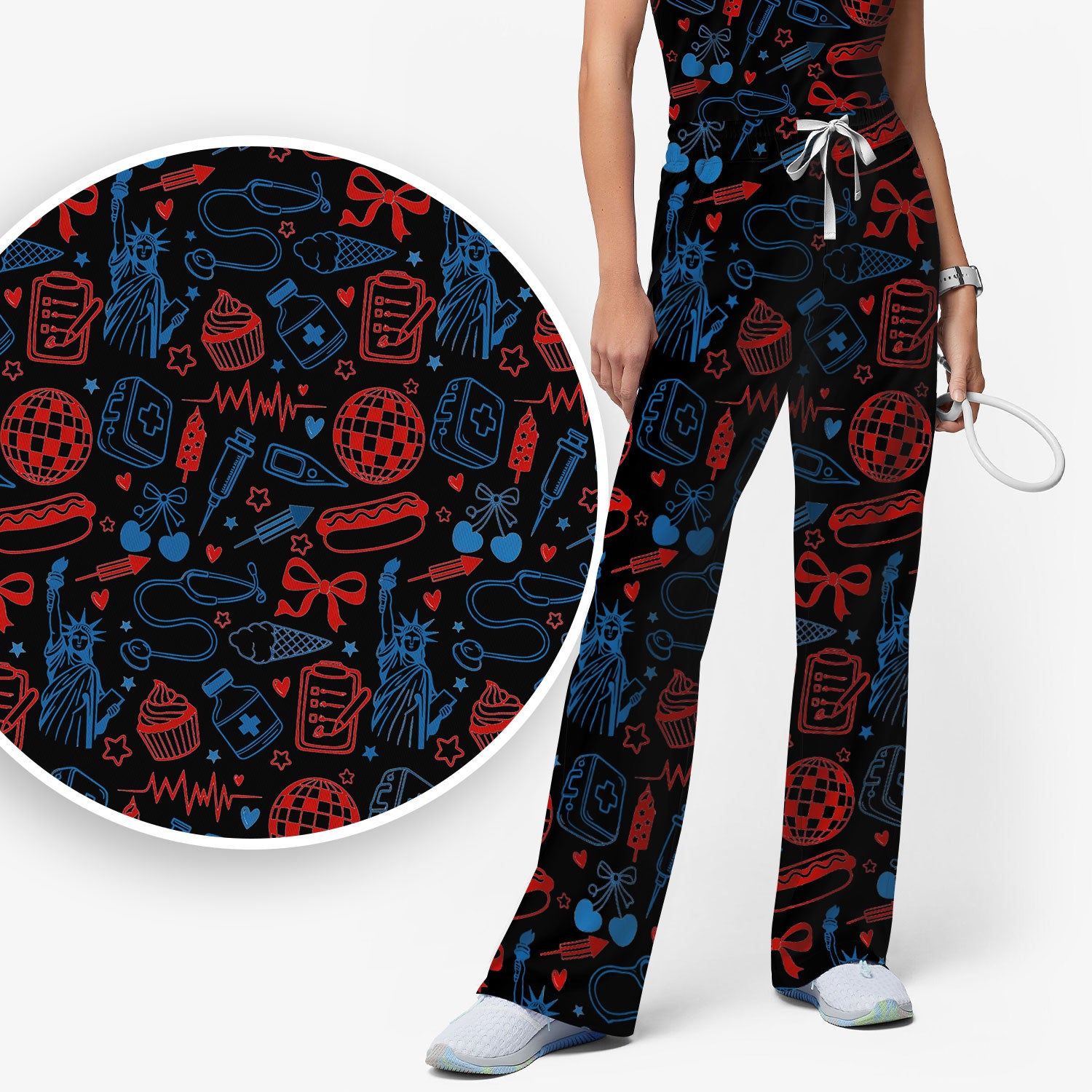 Patriotic Nurse Medical Icons Pattern Scrub Set, Scrub Pants and V Neck Top