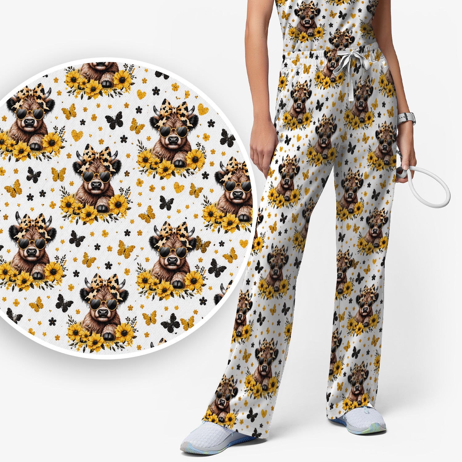 Sassy Highland Cow Sunflower Pattern Scrub Set, Scrub Pants and V Neck Top