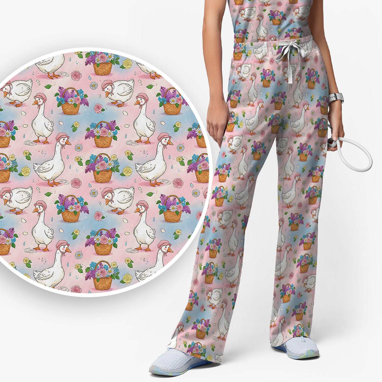 Cute Spring Goose Flower Basket Pattern Scrub Set, Scrub Pants and V Neck Top