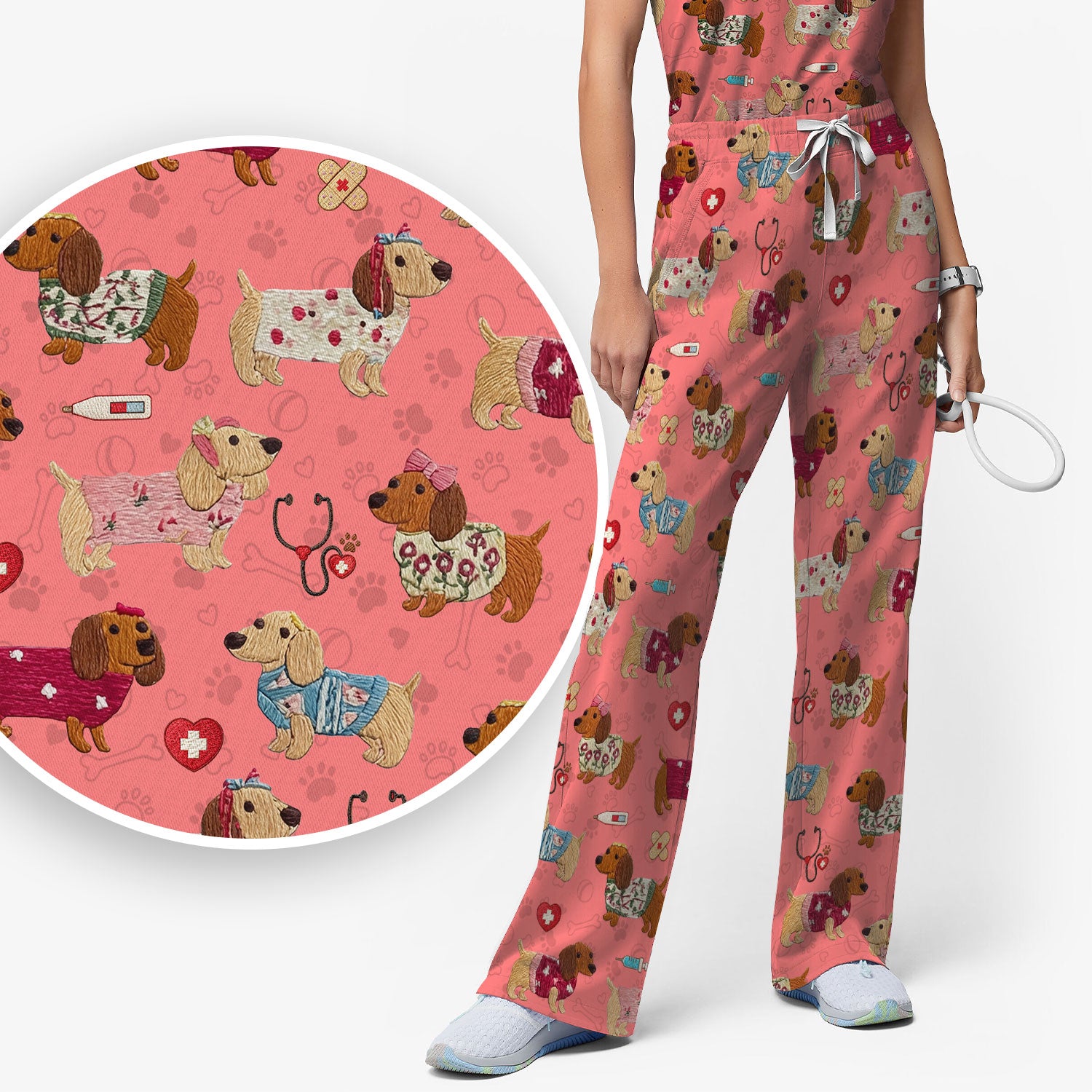 Cute Medical Wiener Dog Pattern Nurse Shirt, Dachshund Nursing Scrub Set, Breathable Fabrics Nursing Uniform