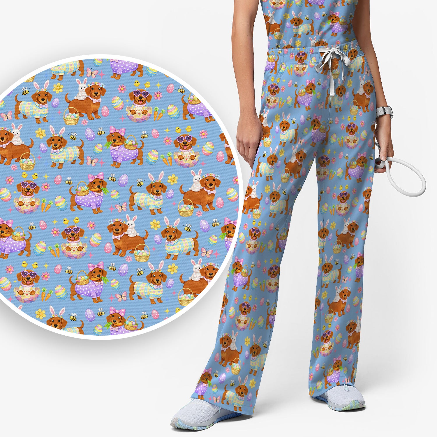 Cute Easter Dachshund Dog Pattern Scrub Set, Scrub Pants and V Neck Top