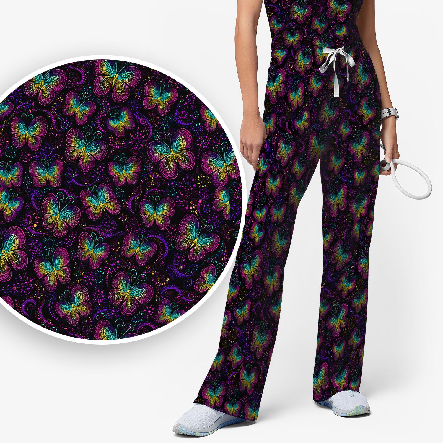 Cute Neon Butterfly Swirl Pattern Scrub Set, Scrub Pants and V Neck Top