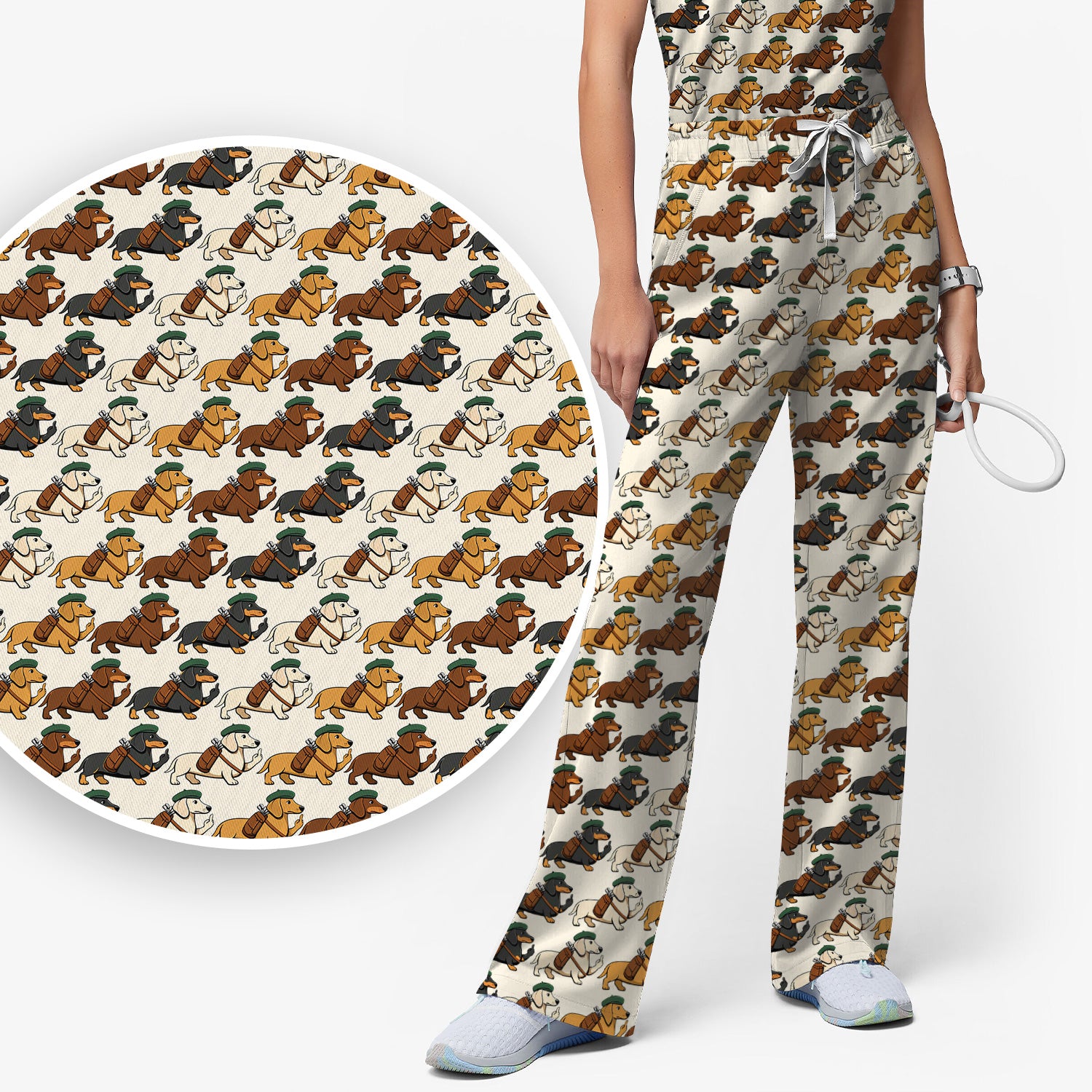 Cartoon Dachshund Dog Wearing Hat And Backpack Pattern Scrub Set, Scrub Pants and V Neck Top