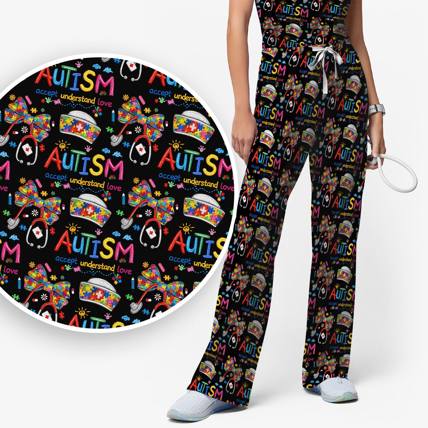 Autism Awareness Pattern Nurse Scrub Set, Accept Understand Love Puzzle Nurses Shirt, Breathable Fabrics Nursing Uniform