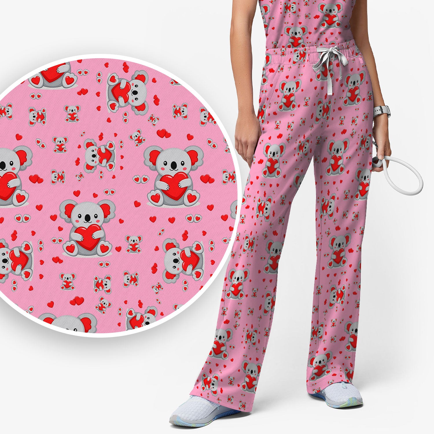 Valentine Cute Koala Heart Pattern Medical Outfit, Women's Scrub Sets
