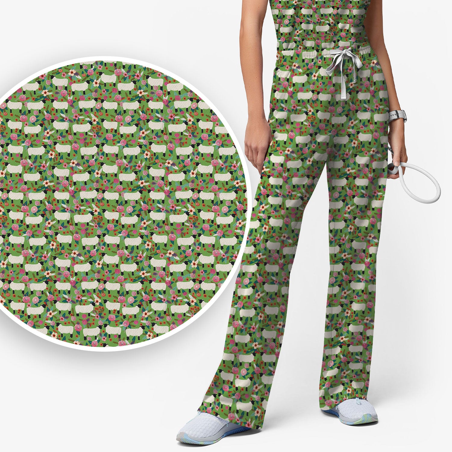 Cute Sheep Floral Meadow Pattern Scrub Set, Nurse Uniform Scrubs Set