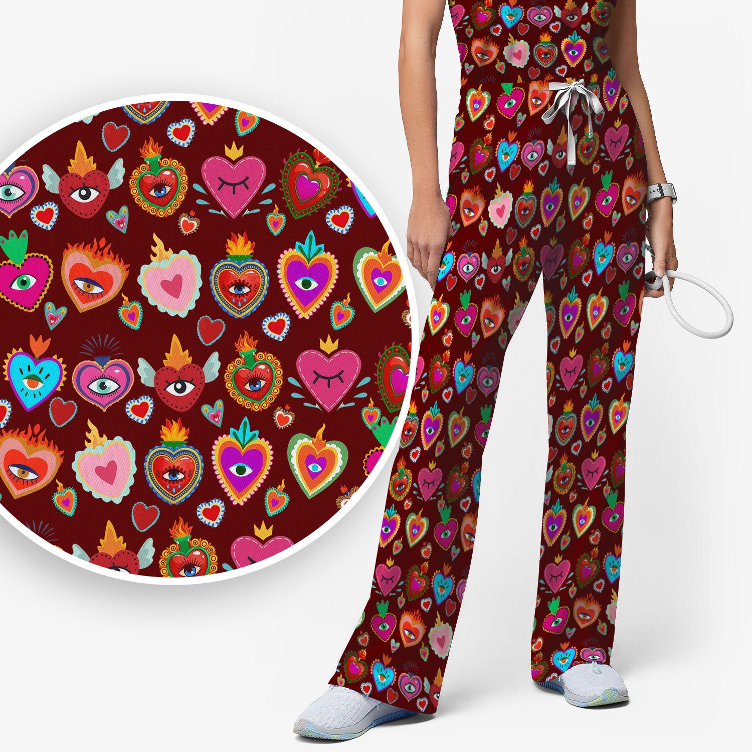 Valentine Colorful Sacred Heart Print Women's Scrub Set, Scrub Pants and V Neck Top
