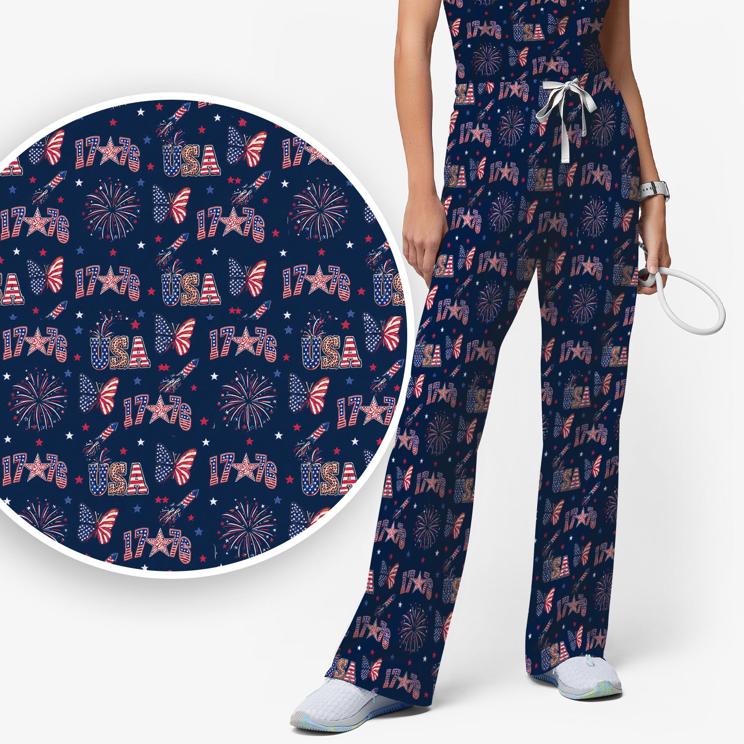 USA Fireworks Butterfly Pattern Scrub Set, Scrub Pants and V Neck Top