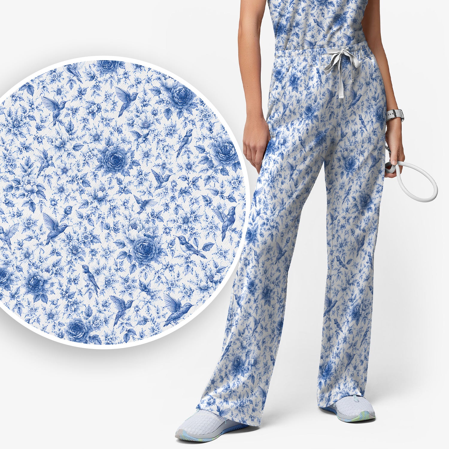 Blue Floral Hummingbird Toile Pattern Scrub Set, Scrub Pants and V Neck Top