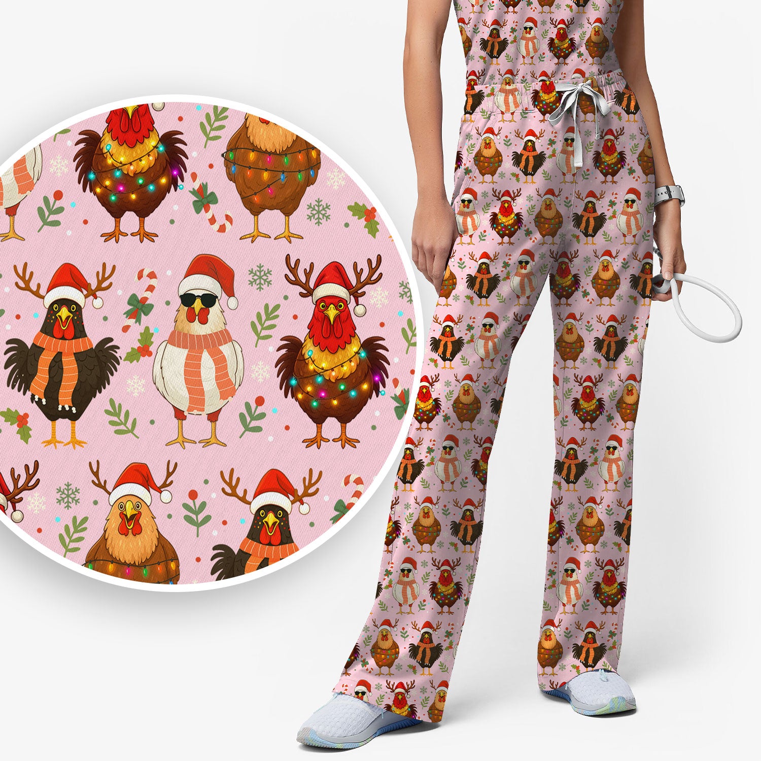Funny Chicken Scrubs for Women - Christmas Pattern Scrub Top & Pants - Christmas Scrubs with Adorable Design
