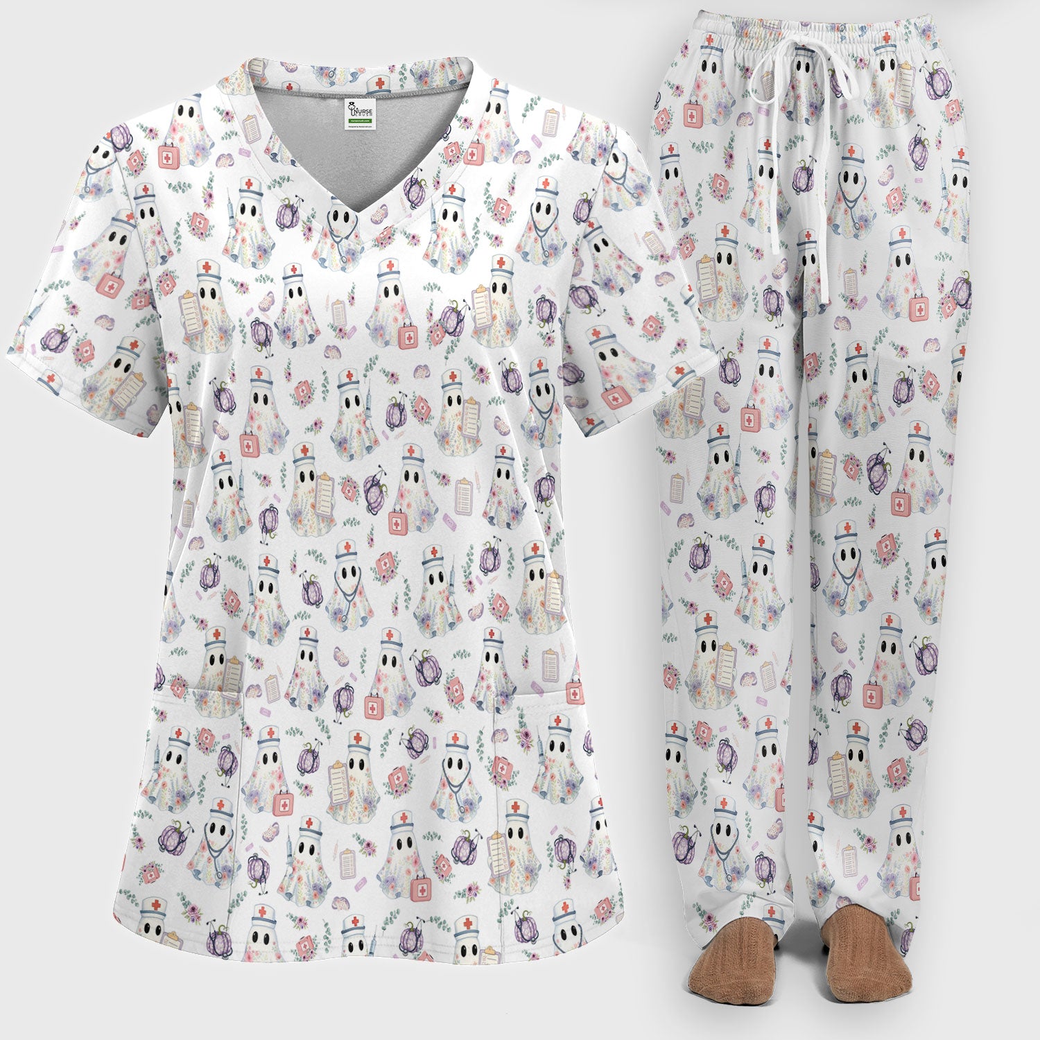 Ghost Nurse Medical Uniform - Cute Boo Halloween Scrub Set - Purple Pumpkin Scrub Pants - Funny Halloween Sweatshirts