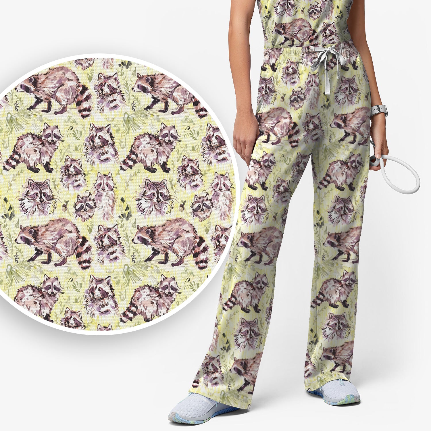 Cute Woodland Raccoon Forest Animal Pattern Scrub Set, Scrub Pants and V Neck Top