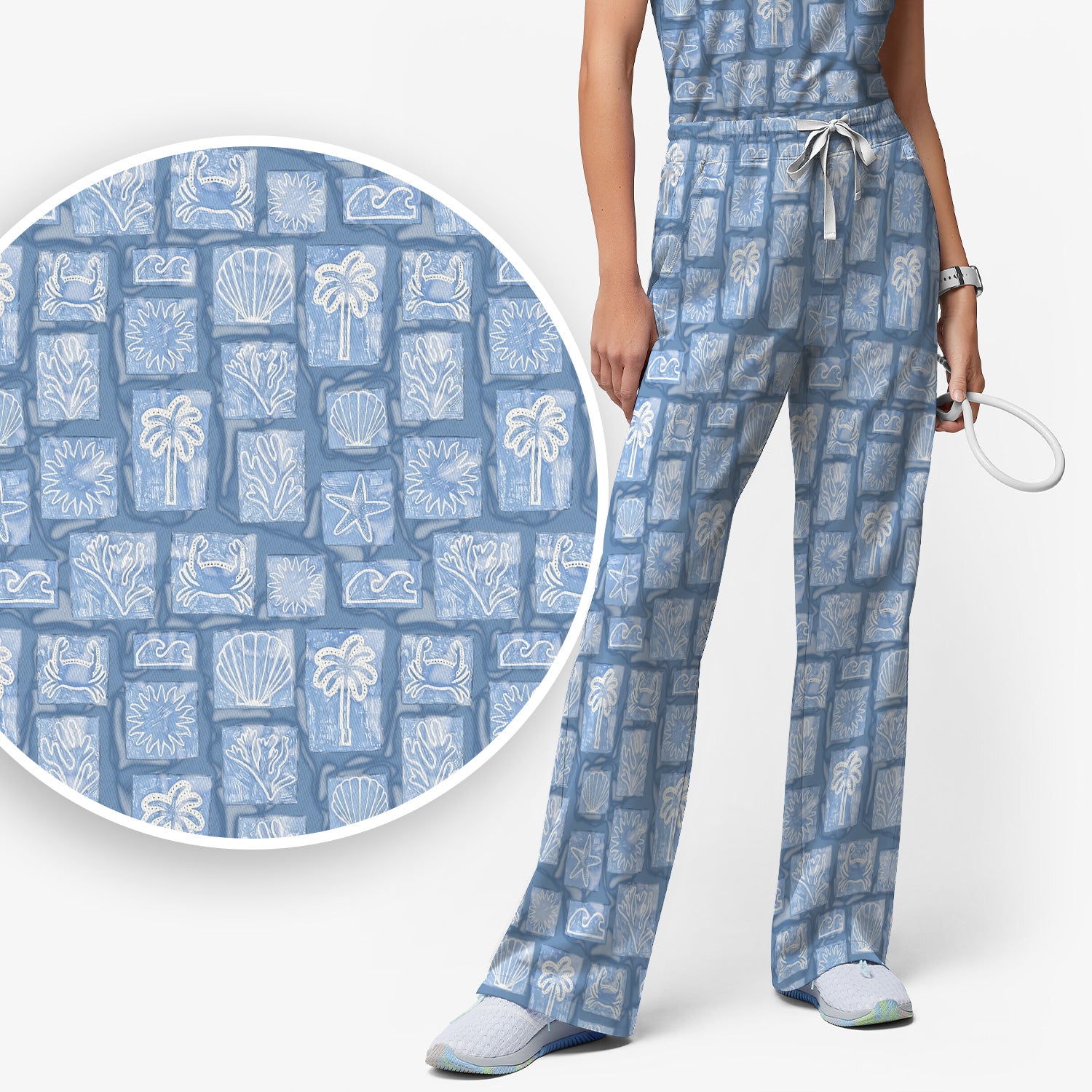 Cute Coastal Seashell Starfish Nurse Pattern Scrub Set, Scrub Pants and V Neck Top