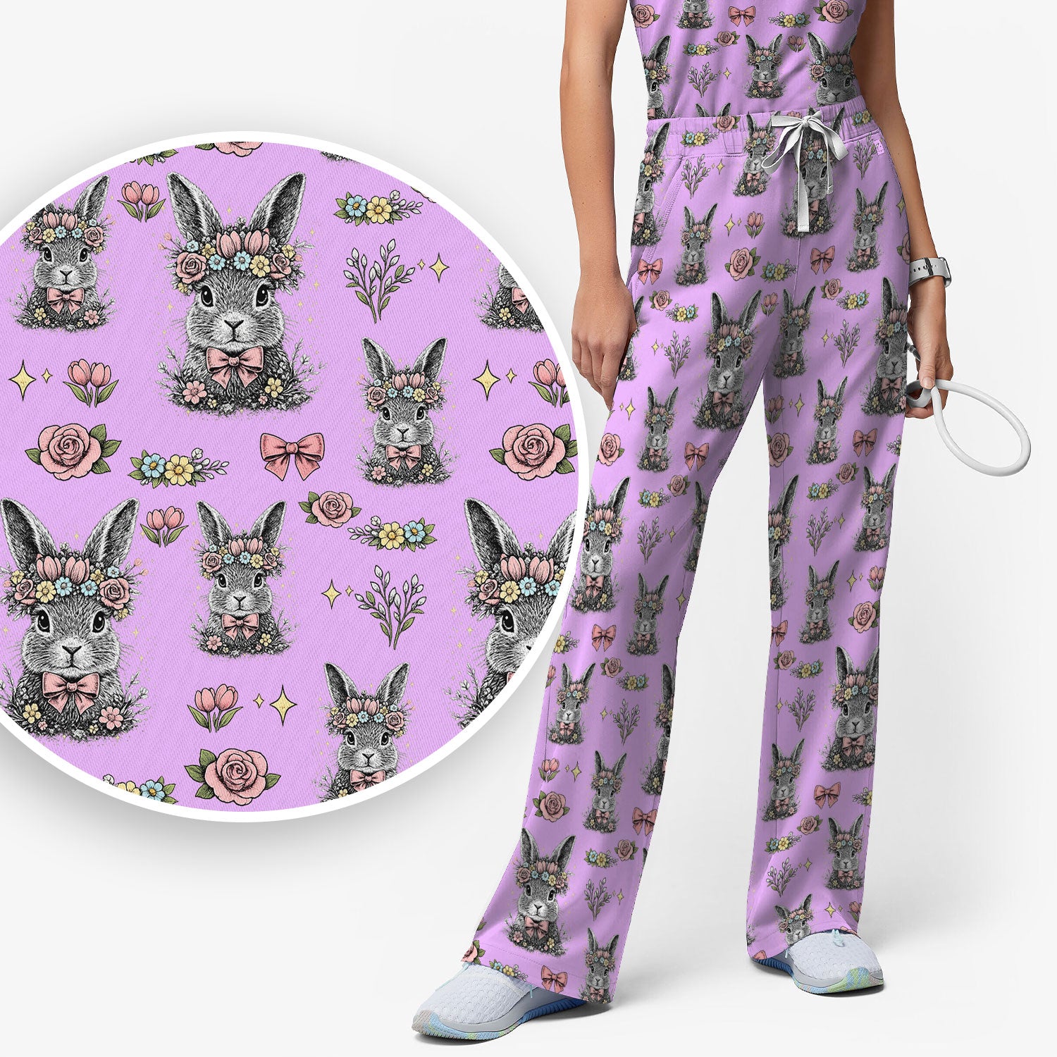 Vintage Floral Bunny Print Scrub Set, Scrub Pants and V Neck Top