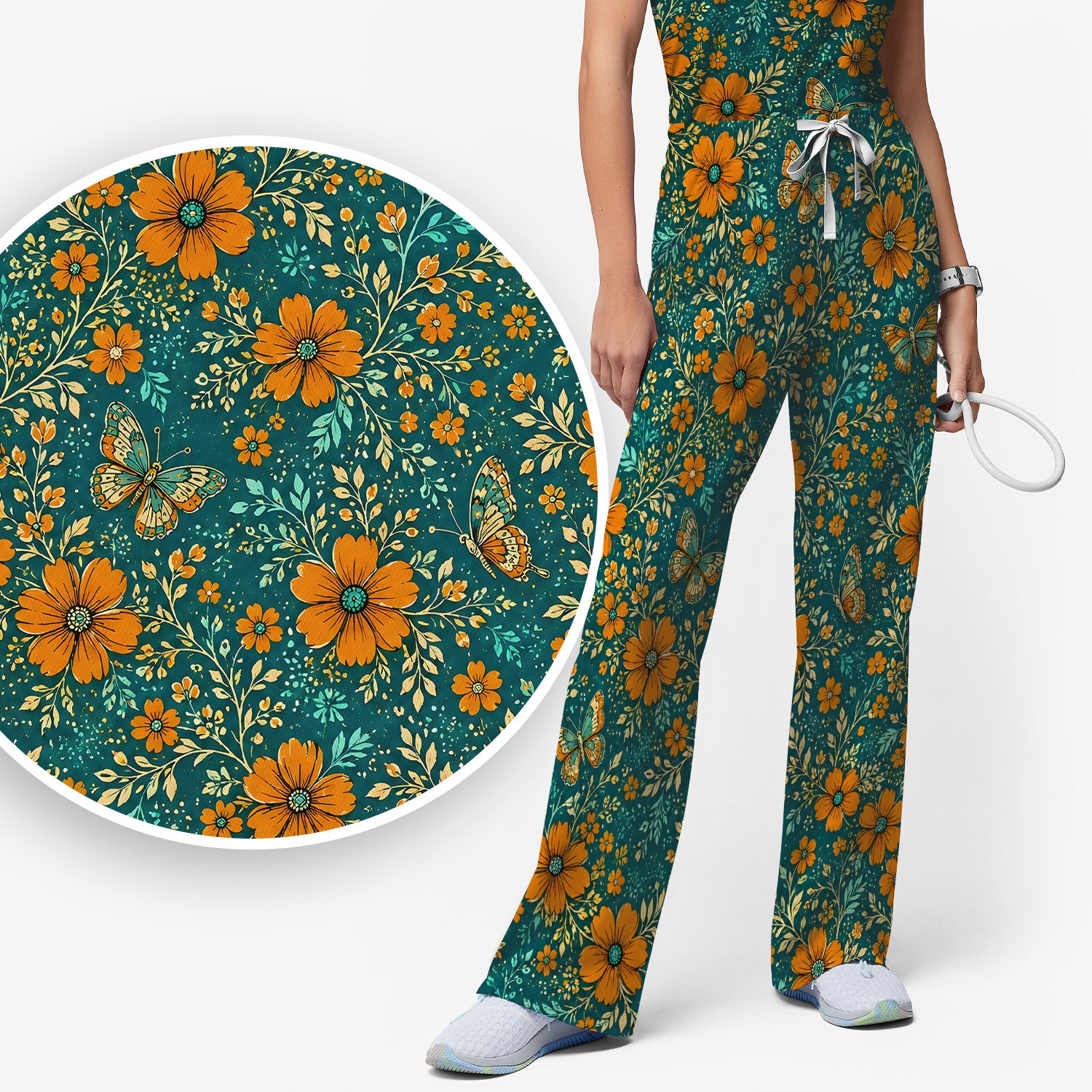 Orange Floral Butterfly Vine Pattern Scrub Set, Scrub Pants and V Neck Top