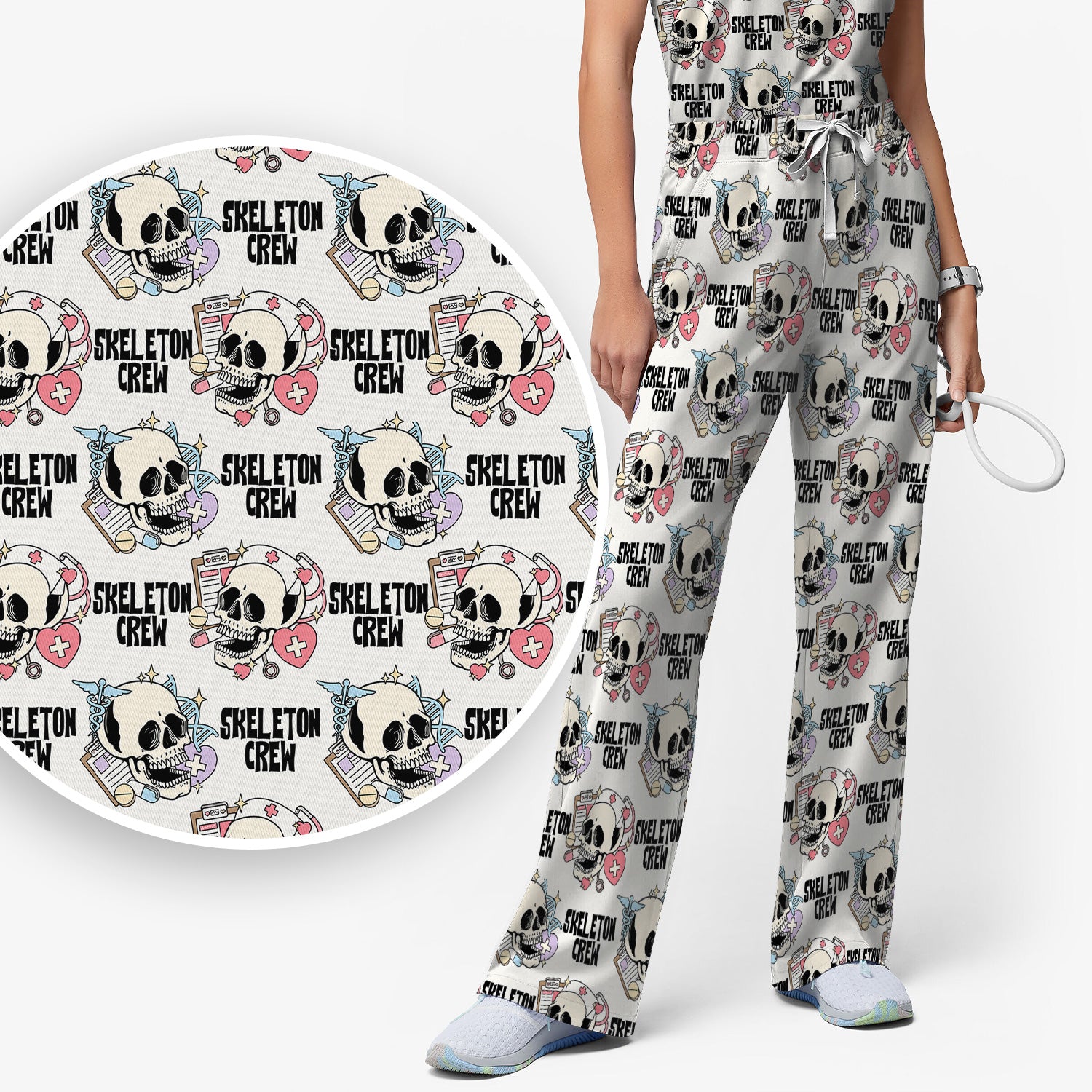 Funny Halloween Skeleton Crew Scrub Set, Scrub Pants and V Neck Top