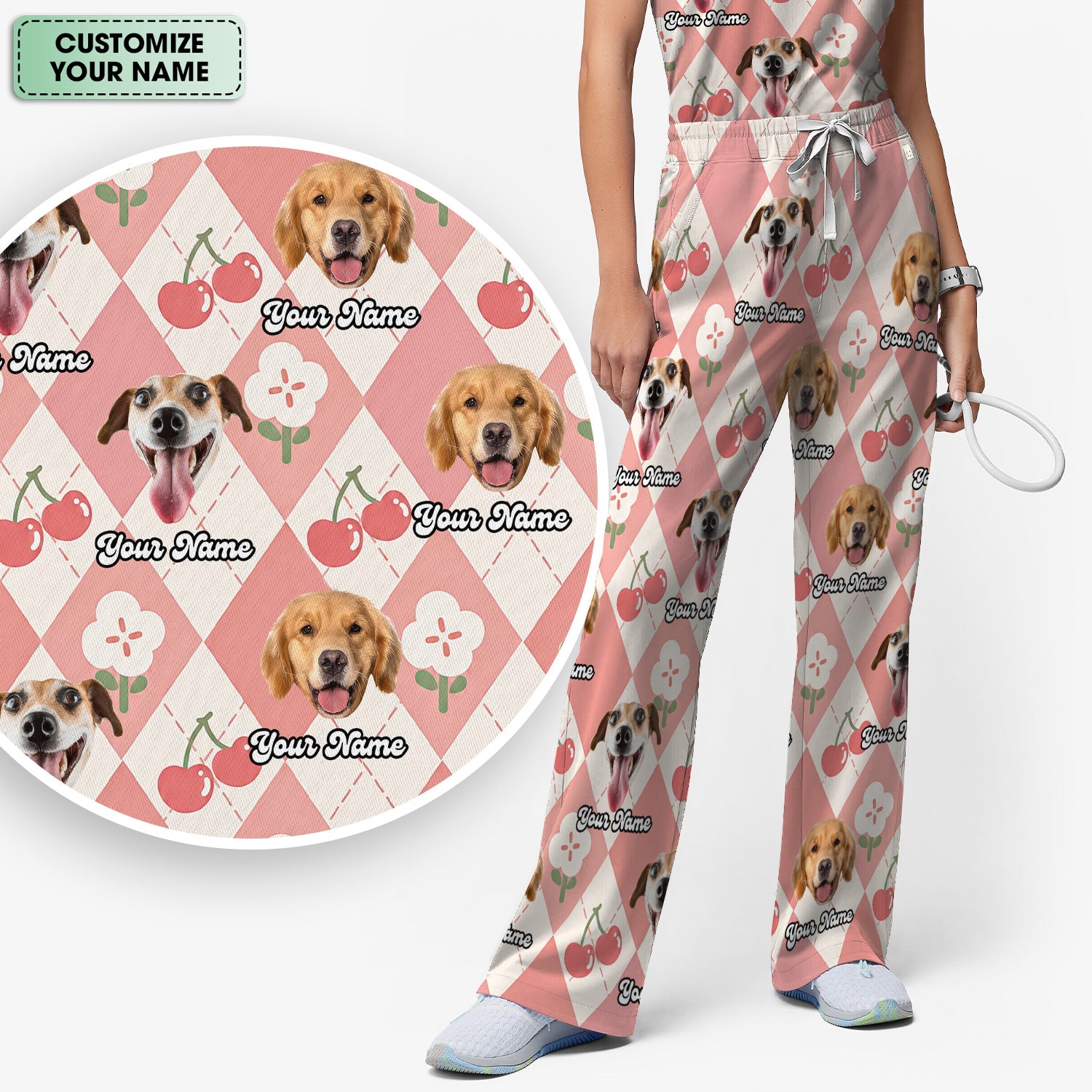 Custom Dog Face Scrub Set, Playful Dog Cherry Argyle Pattern Shirt, Breathable Fabrics Nursing Uniform