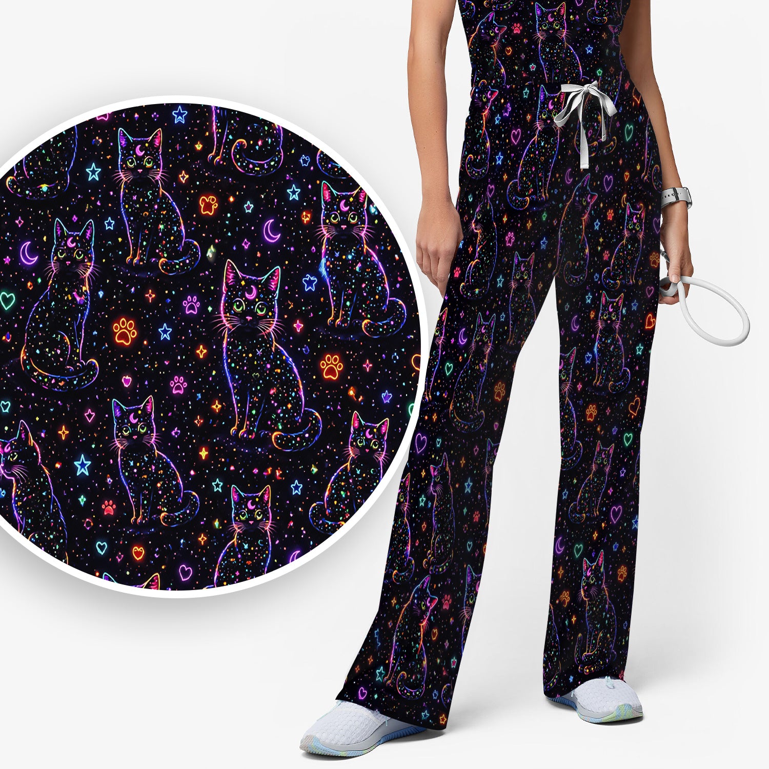 Mystical Cosmic Moon Cat Pattern Scrub Set, Scrub Pants and V Neck Top