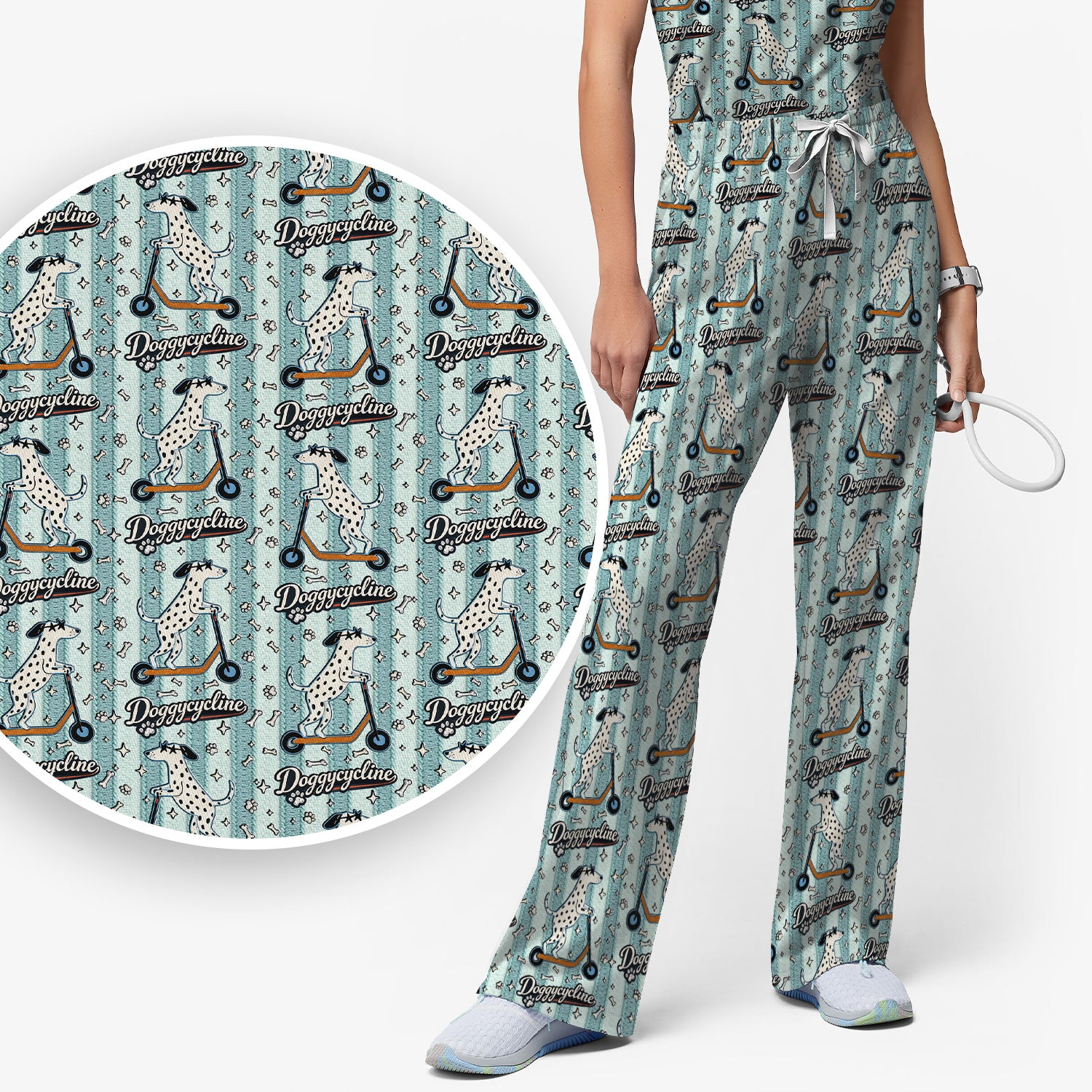 Veterinary Dalmatian Dog Pattern Scrub Set, Scrub Pants and V Neck Top