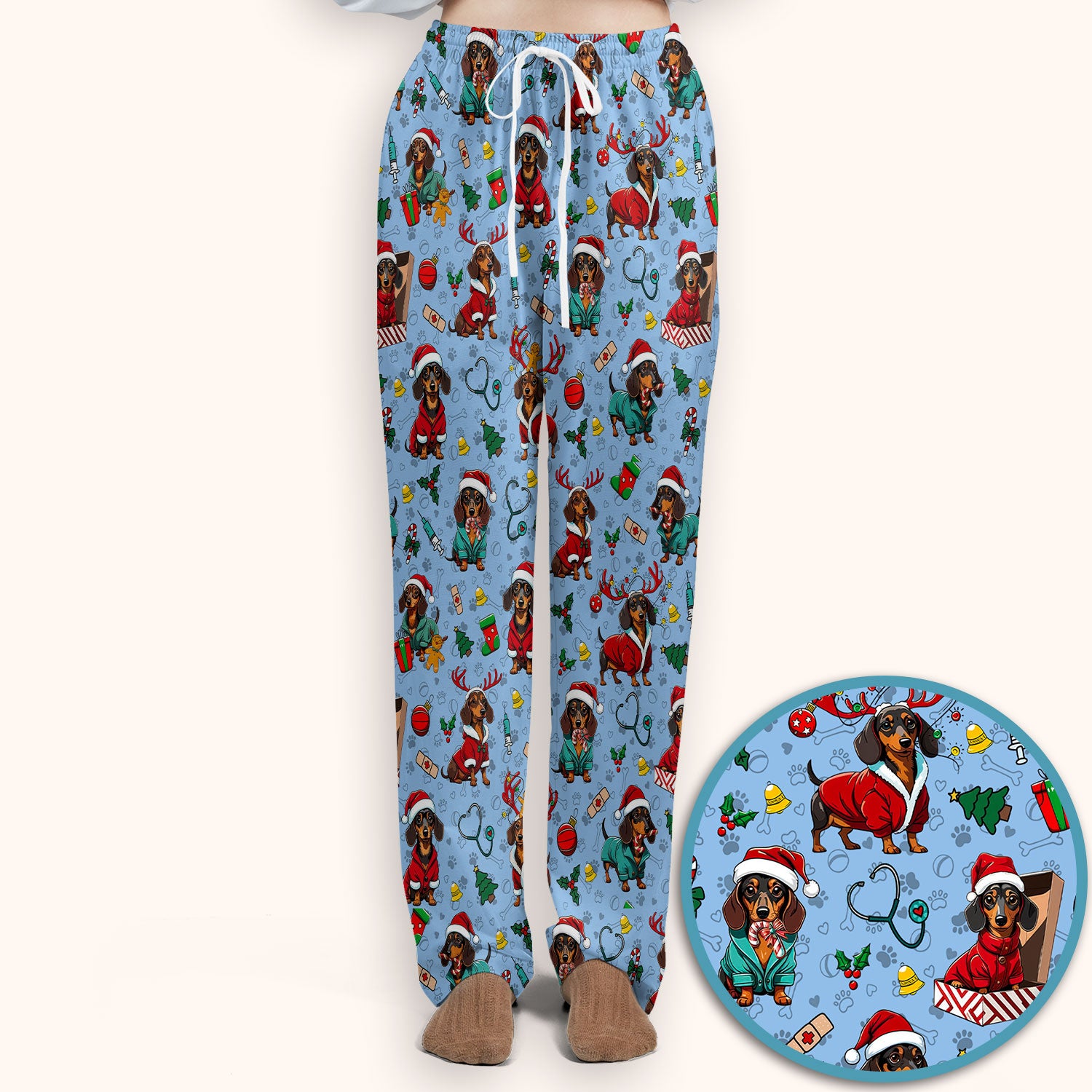 Christmas Dachshund Scrub Set for Nurses - Cute Sausage Dog Holiday - Funny Reindeer & Santa Scrubs Pants and V Neck Top