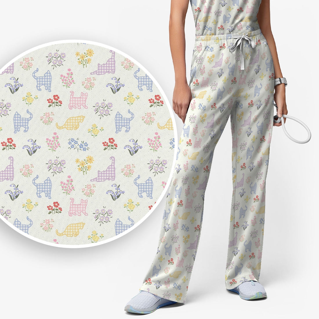 Pastel Cat Floral Nurse Scrub Set, Cute Cat Medical Pattern Shirt, Breathable Fabrics Nursing Uniform
