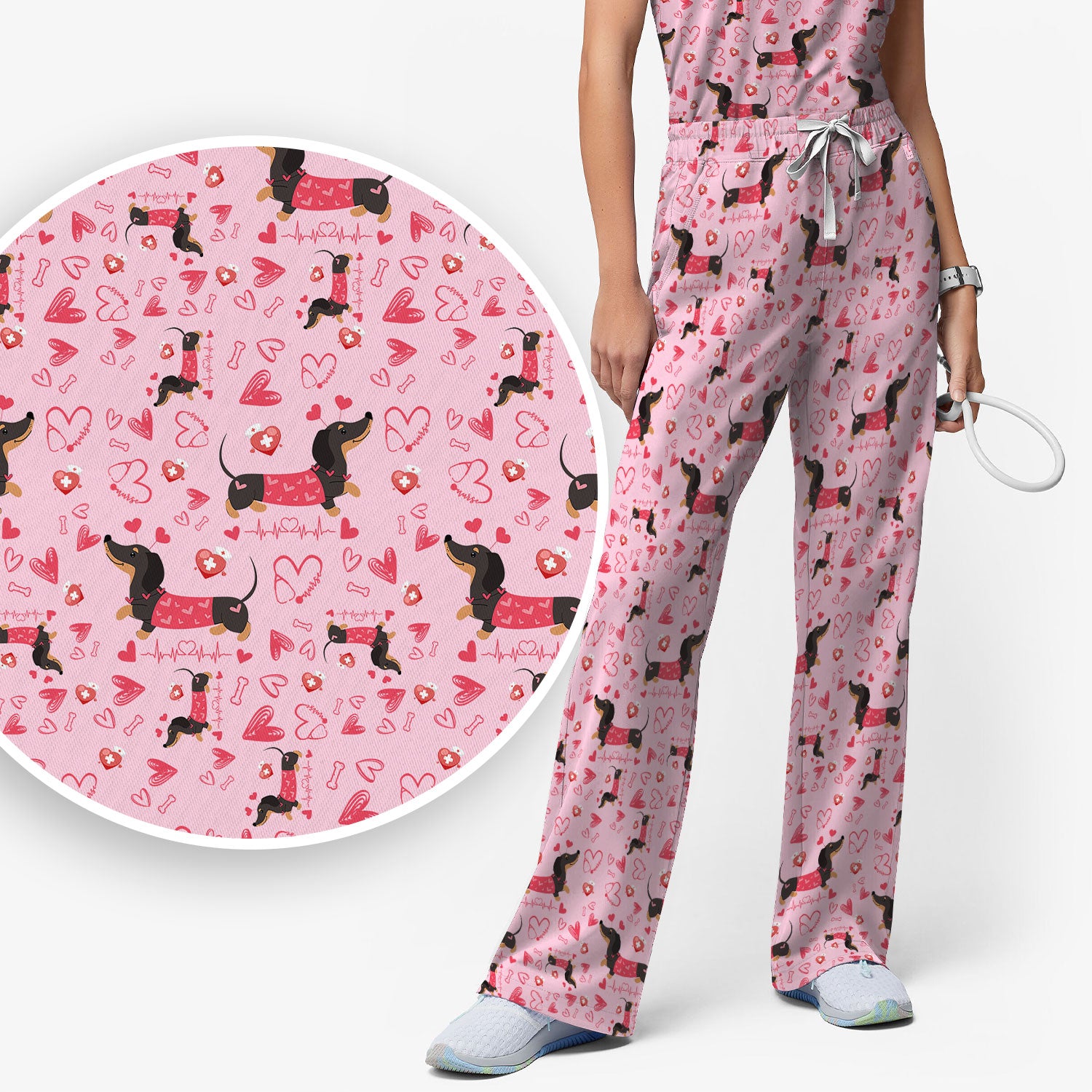 Dachshund Valentine Scrub Set, Cute Wiener Dog Heart Pattern Nurse Shirt, Breathable Fabrics Nursing Uniform