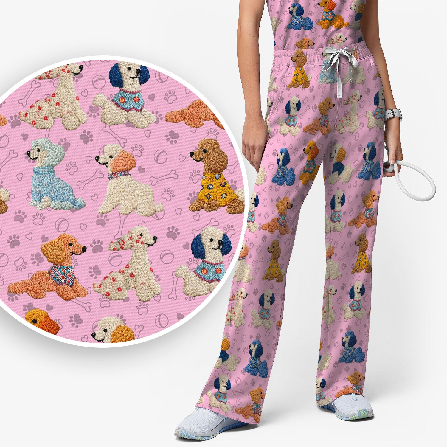 Cute Colorful Poodle Pattern Scrub Set, Scrub Pants and V Neck Top