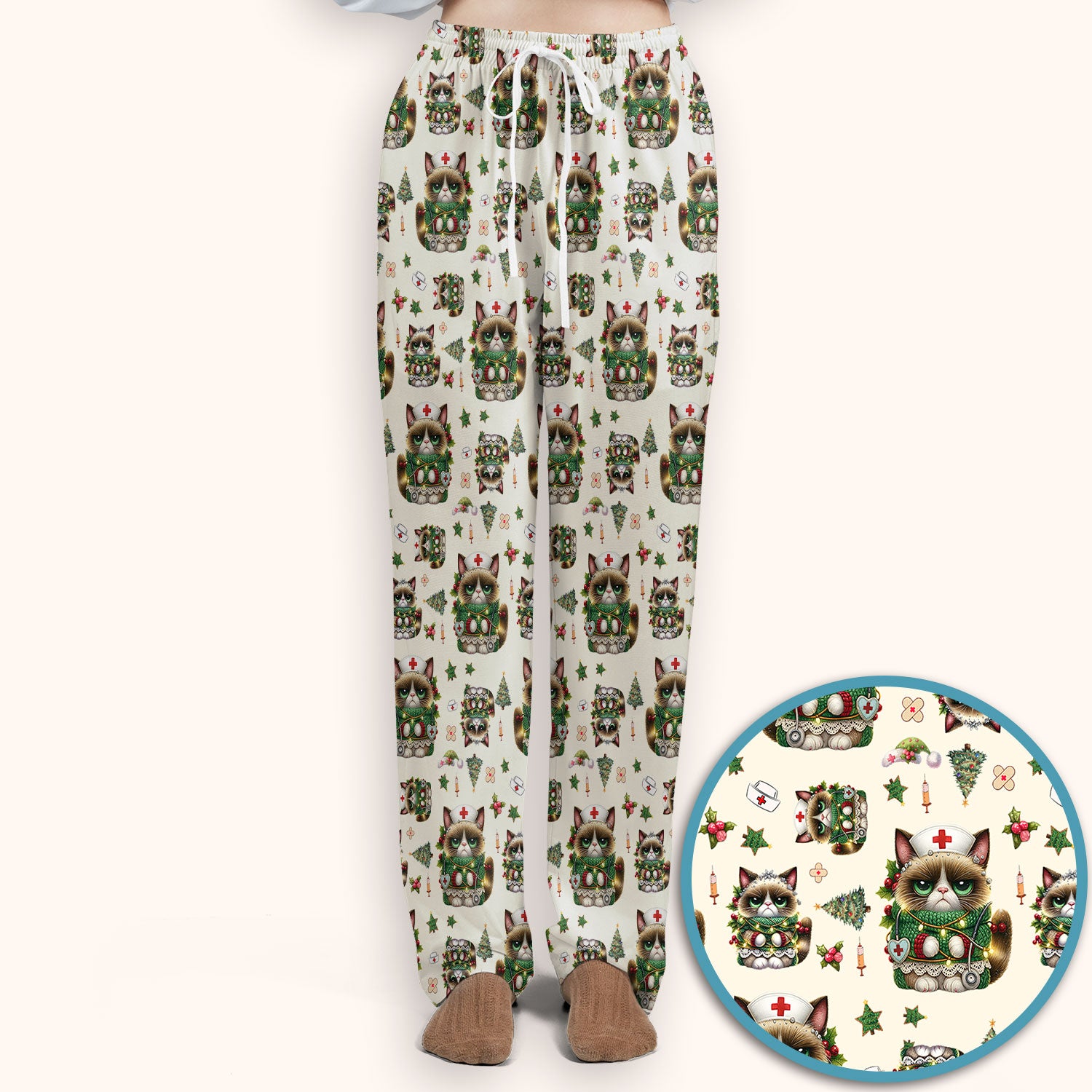 Christmas Nurse Scrub Set - Funny Cat Nursing Scrubs Pants and V Neck Top - Cute Holiday Medical Uniform for Women RN LPN CNA