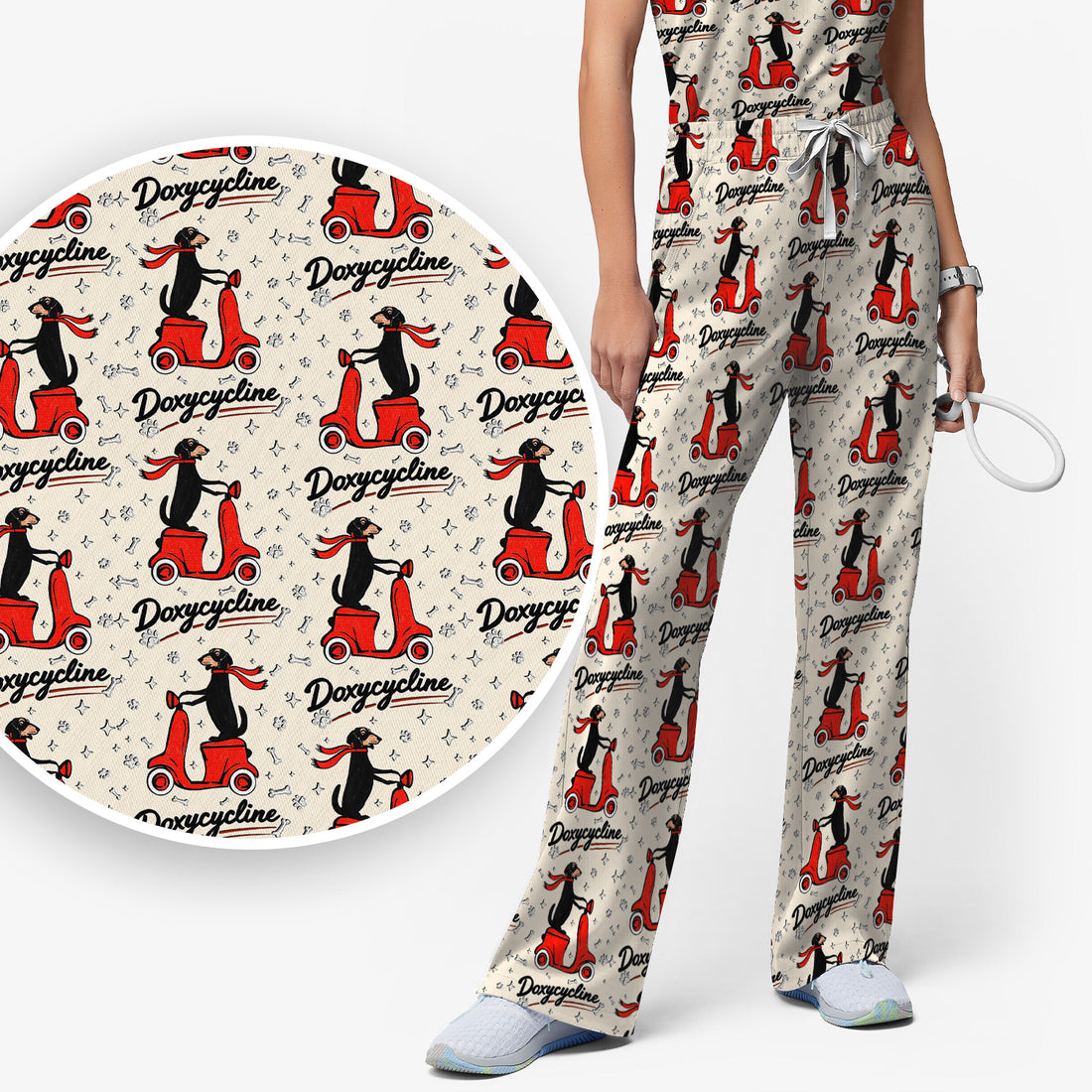 Funny Dachshund Riding Scooter Doxycycline Print Scrub Set, Breathable Med Uniform