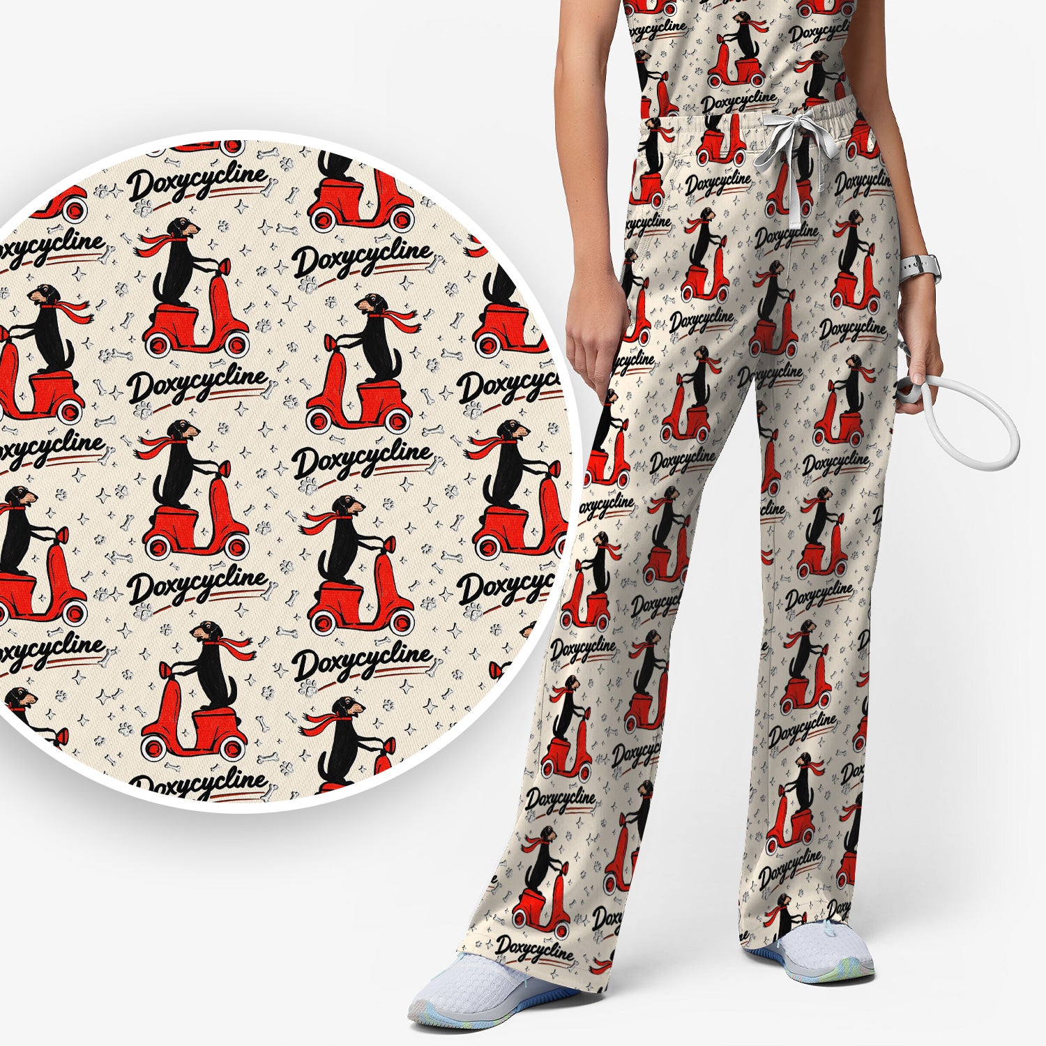 Funny Dachshund Riding Scooter Doxycycline Print Scrub Set, Breathable Med Uniform