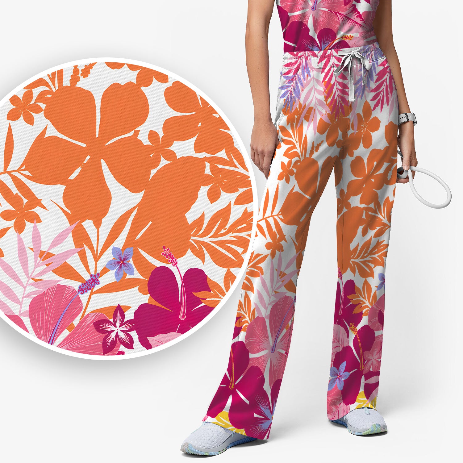Cheerful Tropical Hibiscus Bloom Pattern Scrub Set, Scrub Pants and V Neck Top